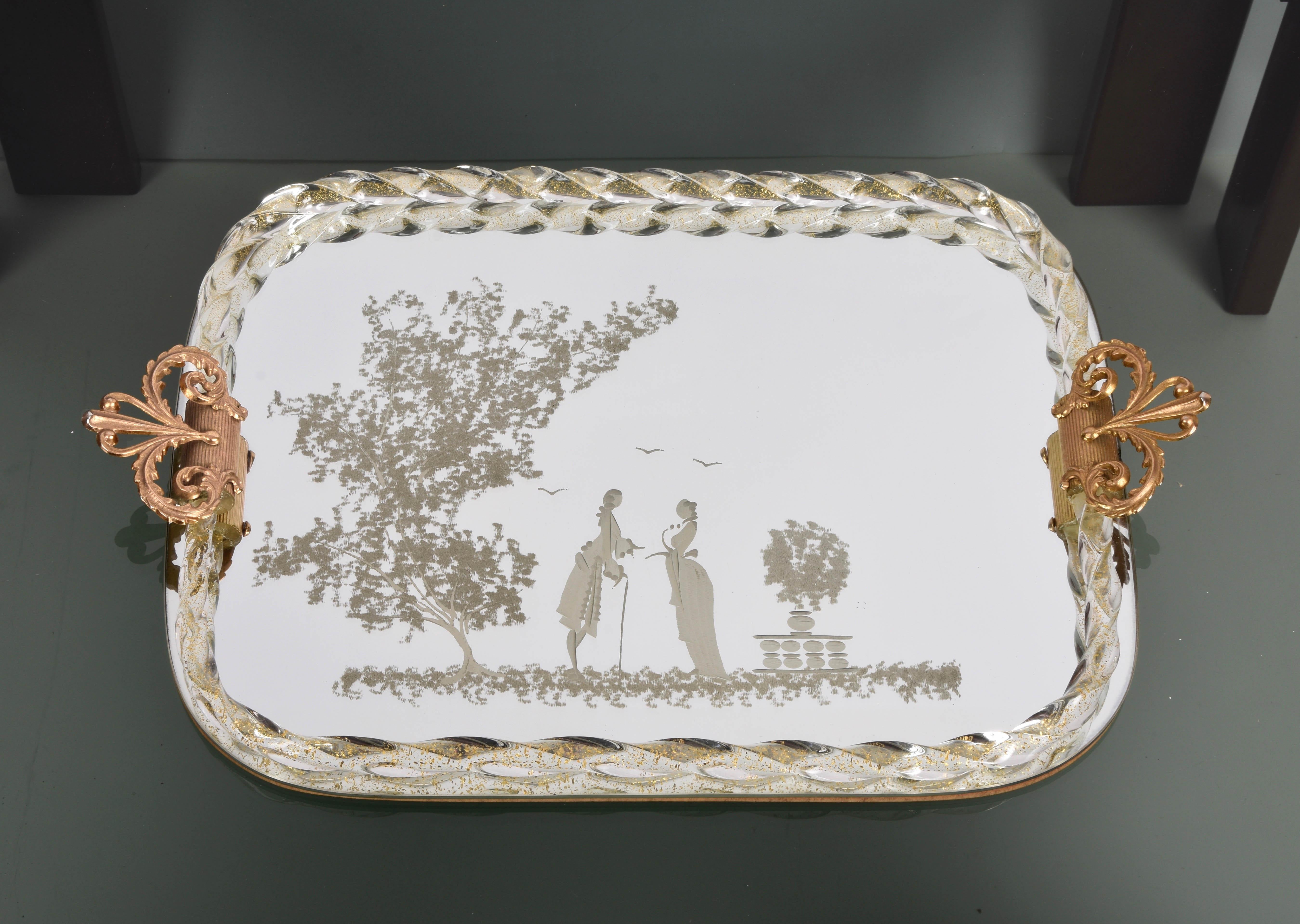 20th Century Ercole Barovier Mirror-Engraved Murano Glass Italian Serving Tray, 1940s