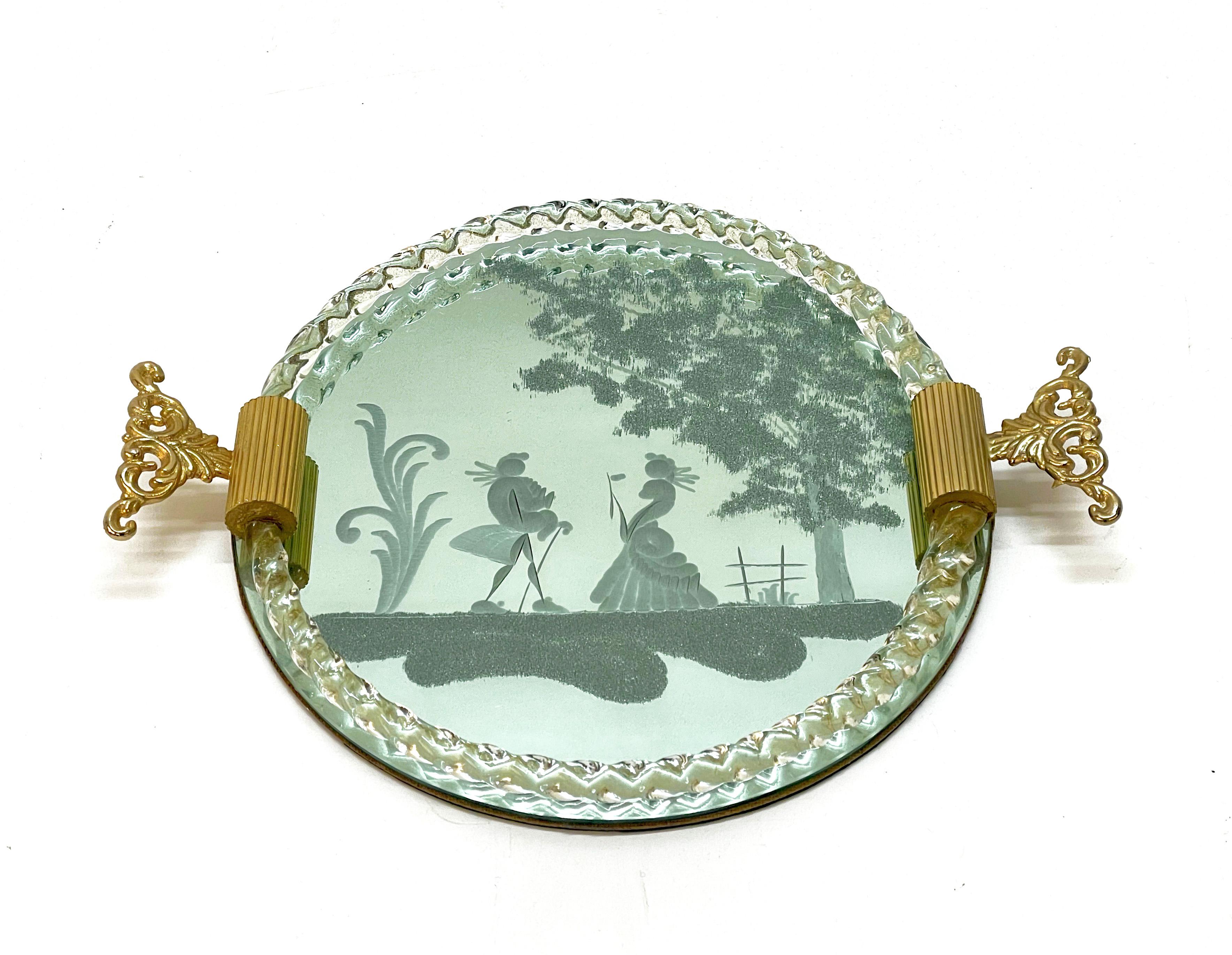 Ercole Barovier Mirror-Engraved Murano Glass Italian Serving Tray, 1940s In Good Condition For Sale In Roma, IT