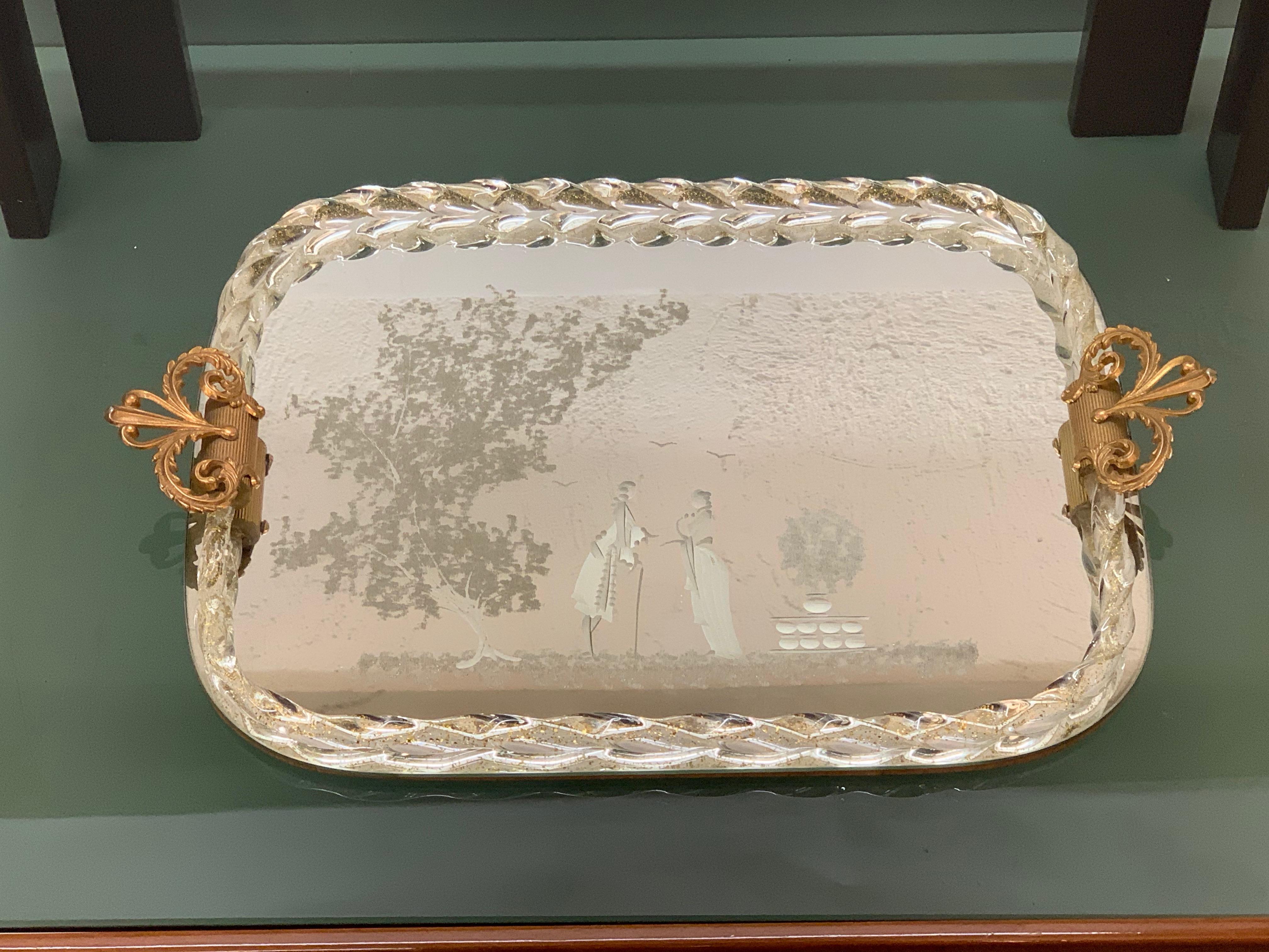 Gold Plate Ercole Barovier Mirror-Engraved Murano Glass Italian Serving Tray, 1940s