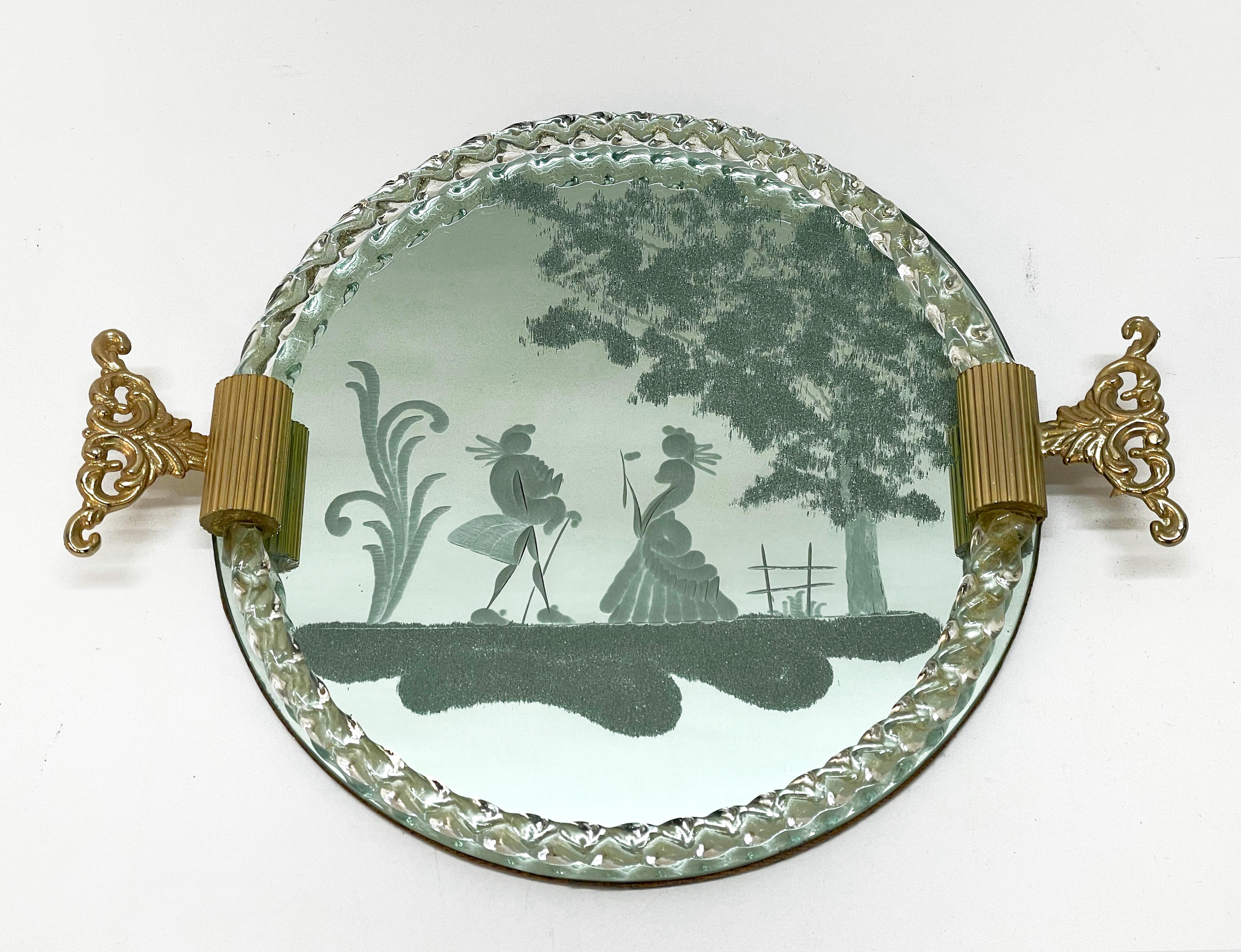 Ercole Barovier Italienisches Serviertablett aus Murano-Glas mit Spiegelgravur, 1940er Jahre (20. Jahrhundert) im Angebot