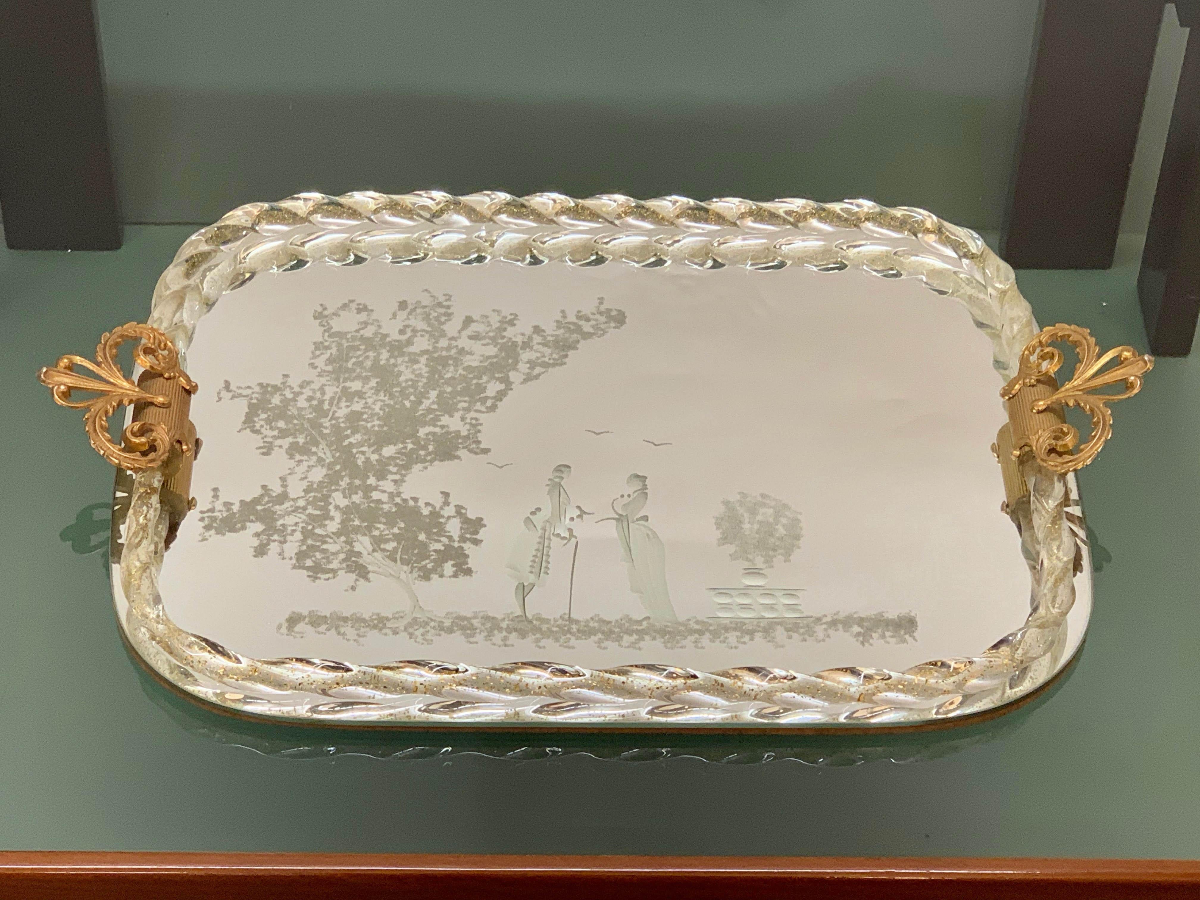 Ercole Barovier Mirror-Engraved Murano Glass Italian Serving Tray, 1940s 1