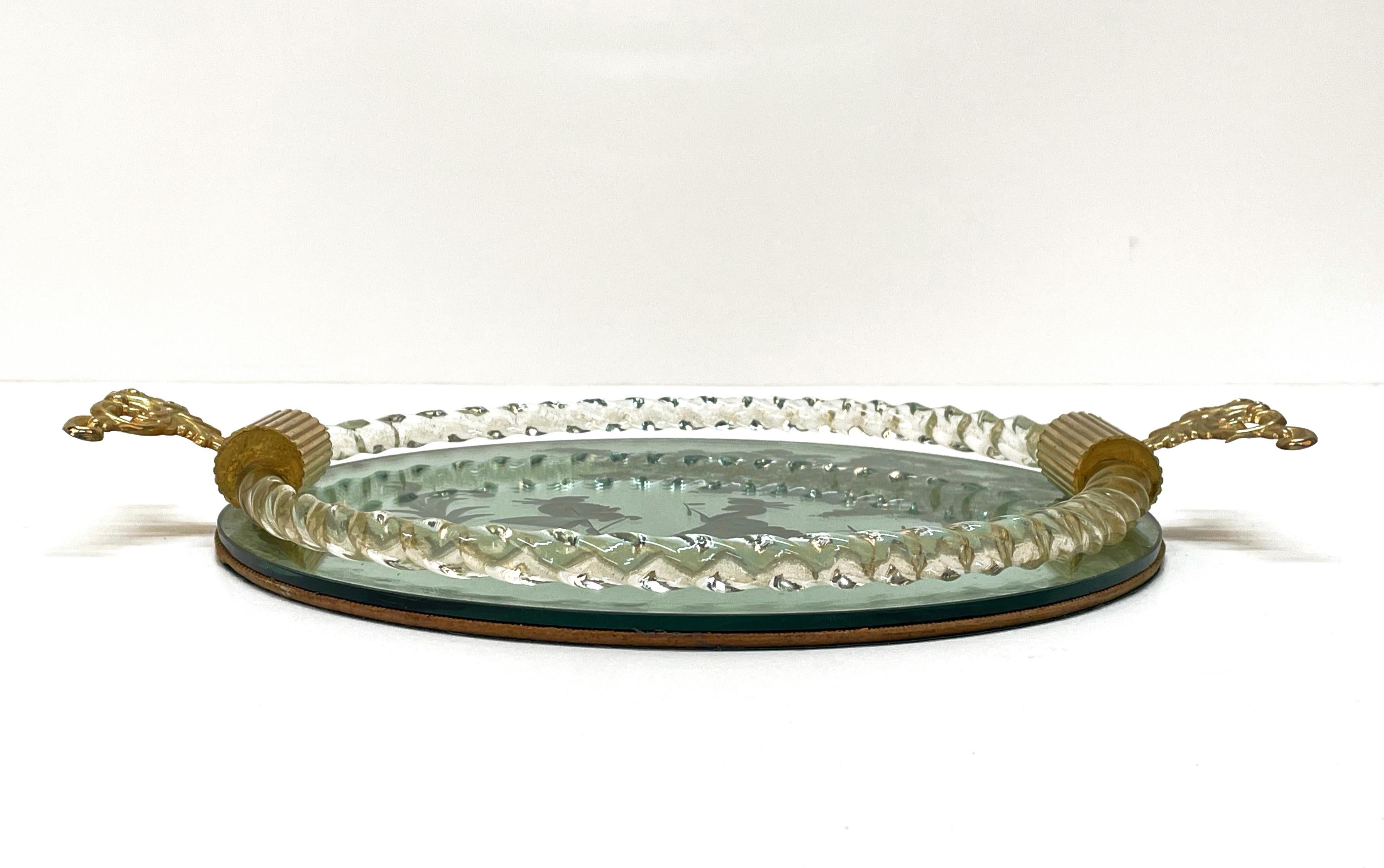 Ercole Barovier Mirror-Engraved Murano Glass Italian Serving Tray, 1940s For Sale 1