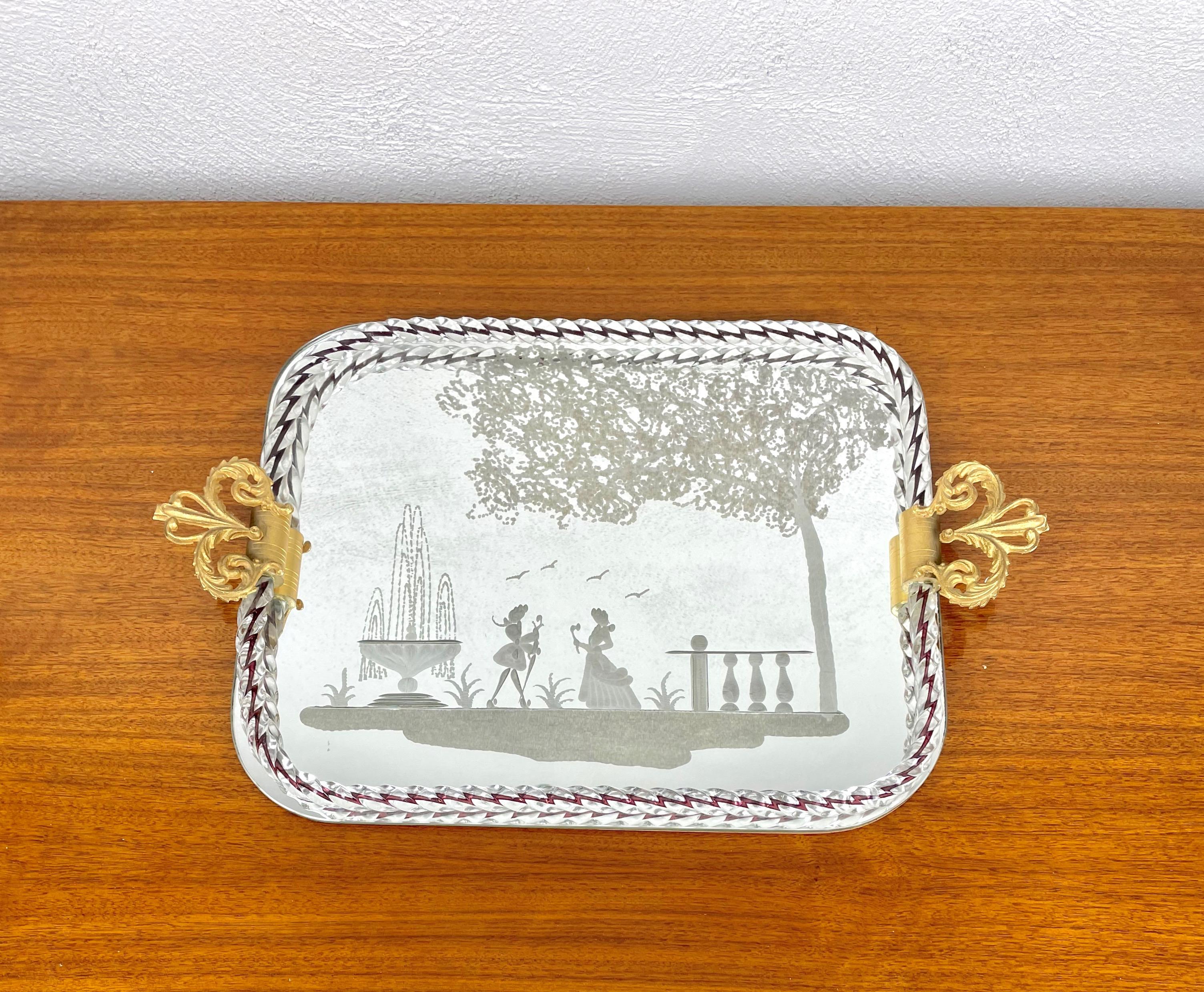 Ercole Barovier Mirror-Engraved Murano Glass Italian Serving Tray, 1940s In Good Condition In Rome, IT