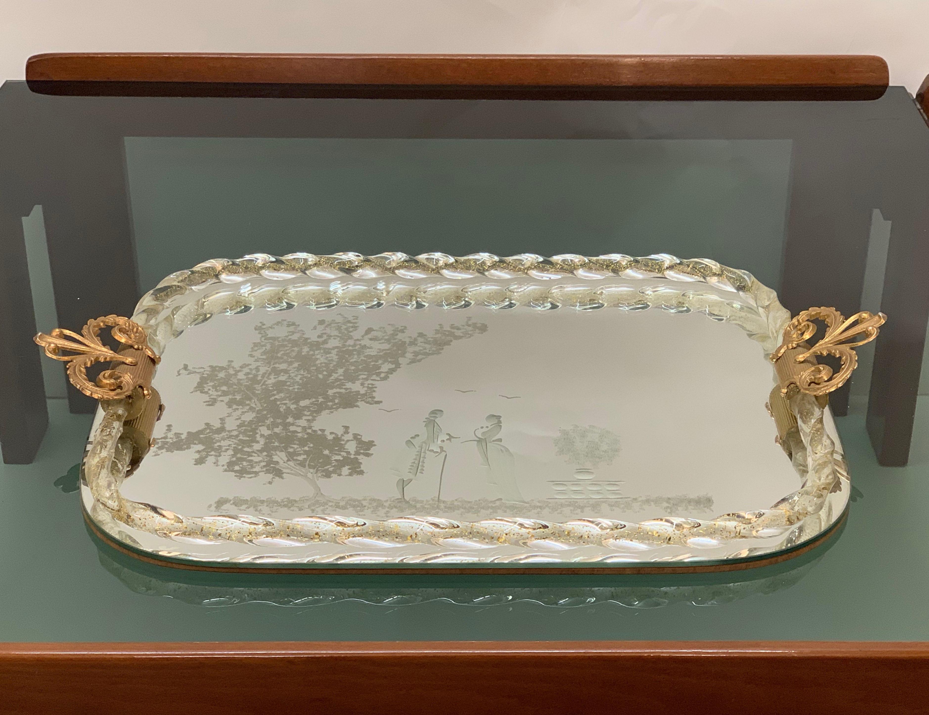 Ercole Barovier Mirror-Engraved Murano Glass Italian Serving Tray, 1940s 2