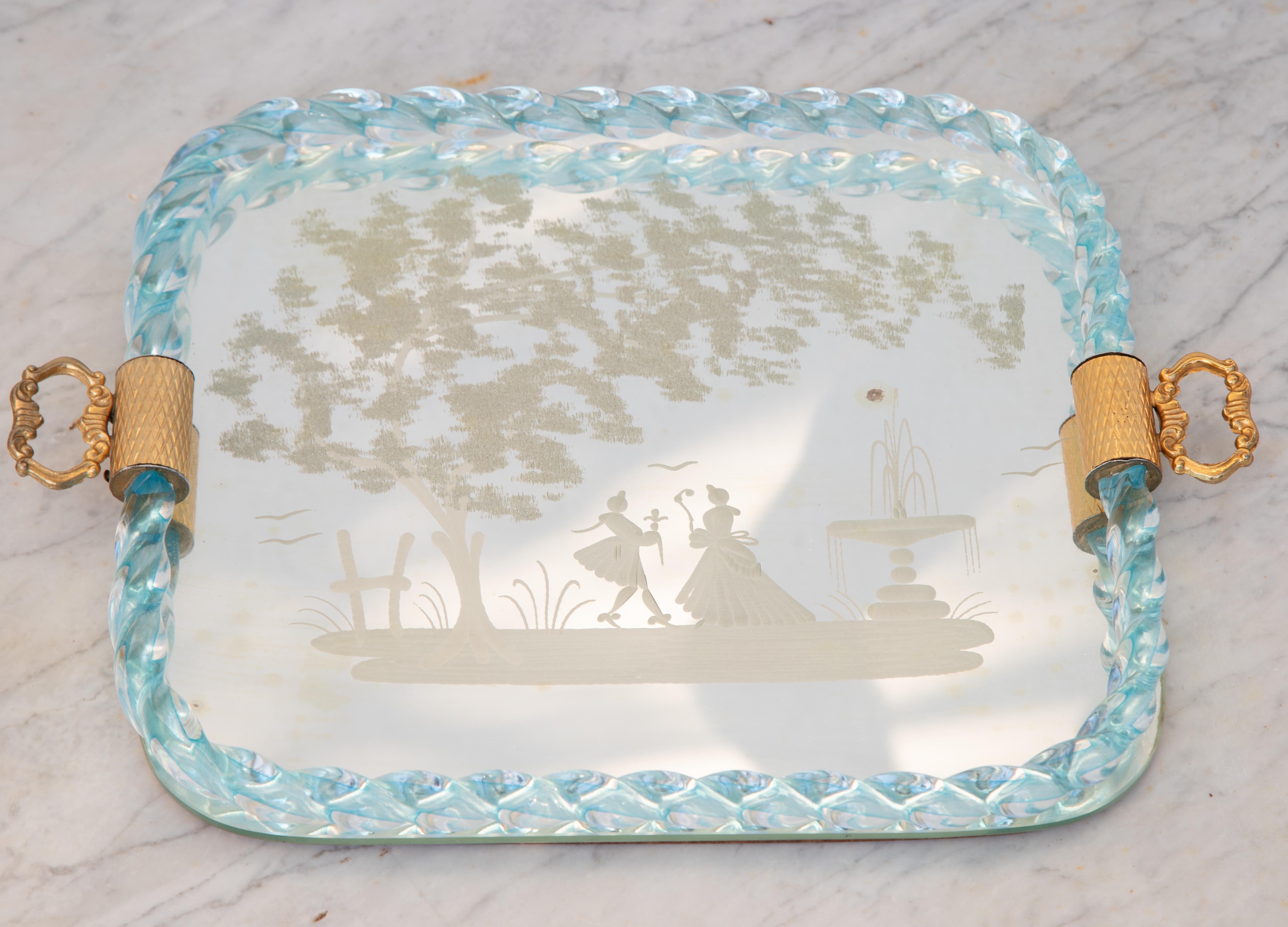 Ercole Barovier Mirror-Engraved Murano Glass Italian Serving Tray, 1940s For Sale 5