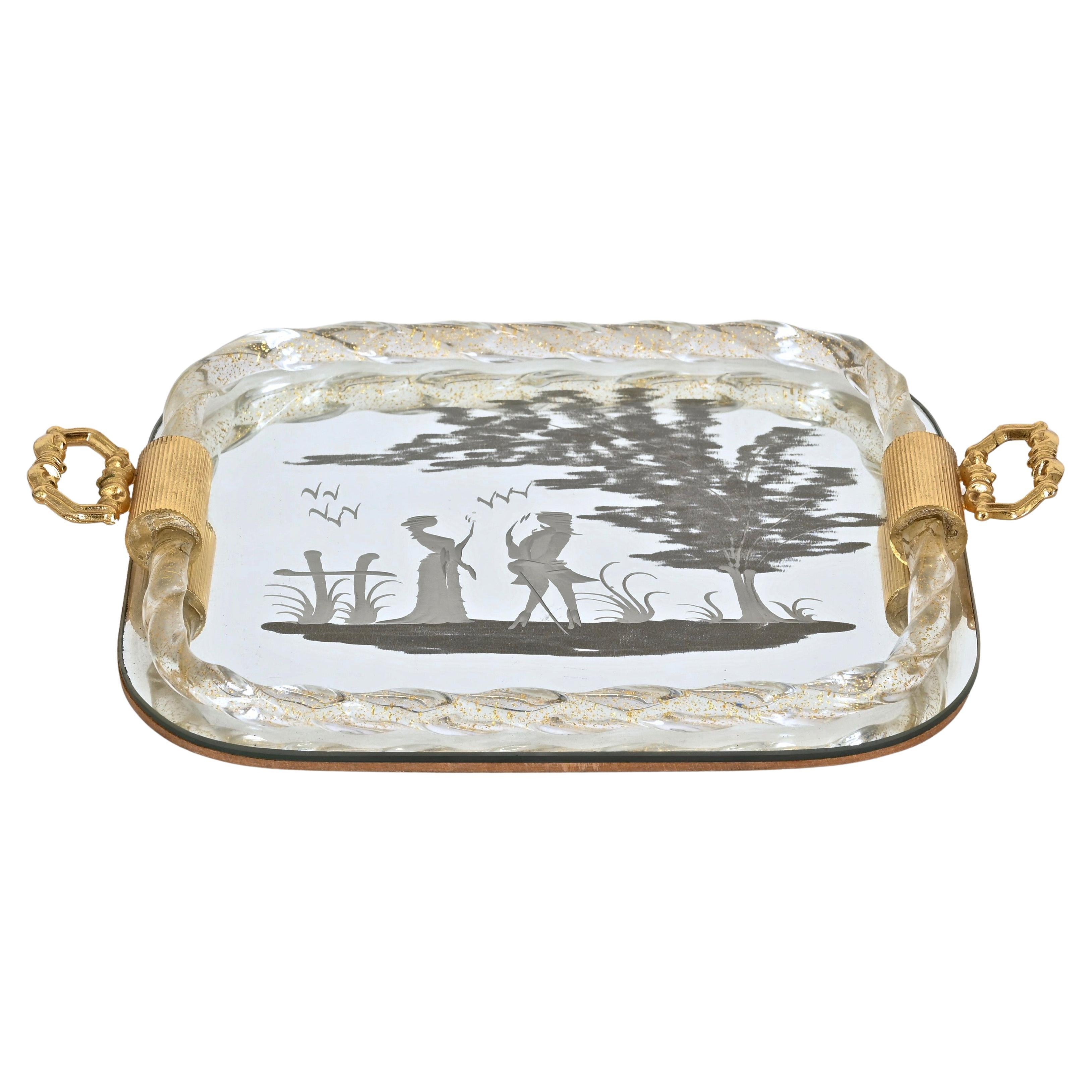 Ercole Barovier Mirror-Engraved Murano Glass Italian Serving Tray, 1940s