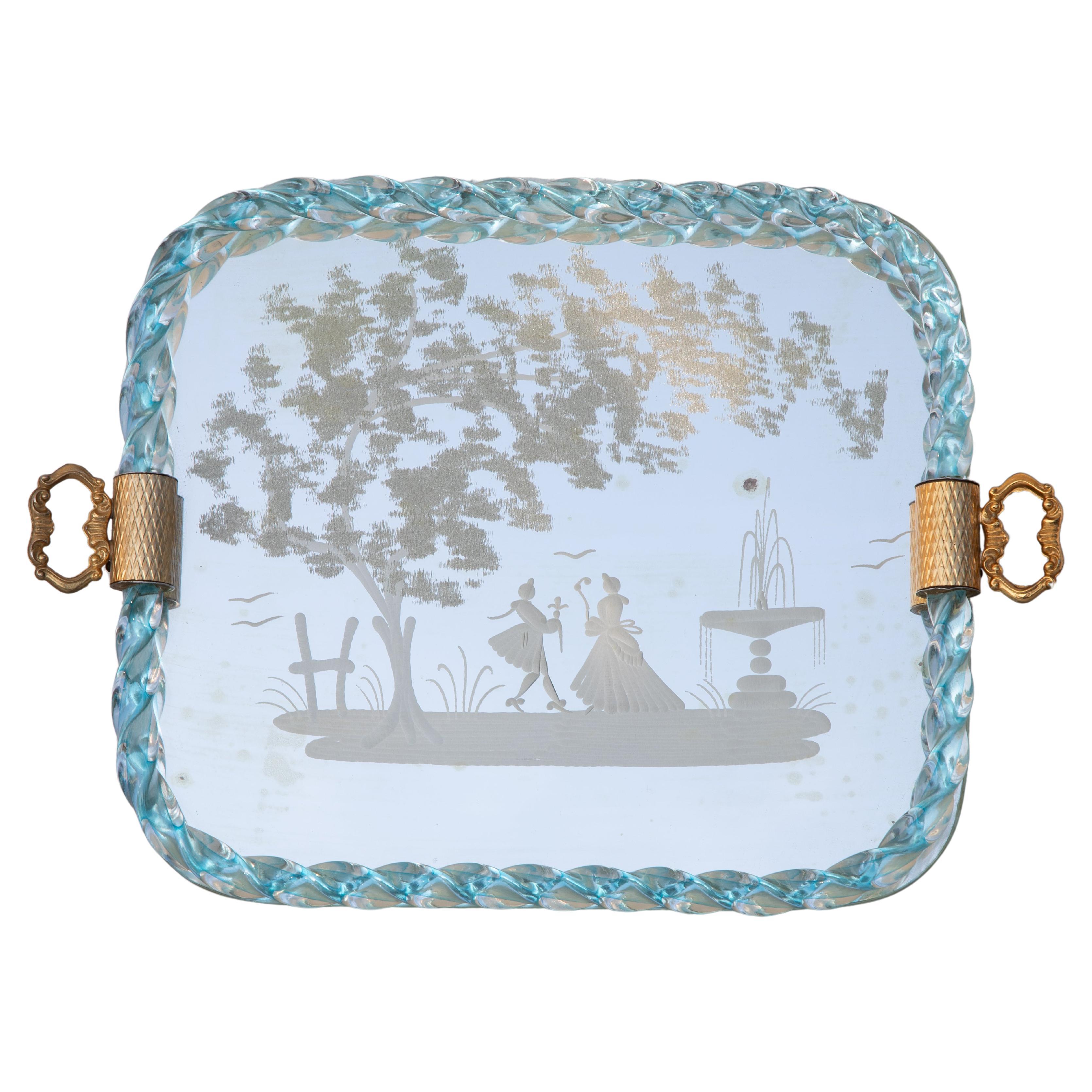 Ercole Barovier Mirror-Engraved Murano Glass Italian Serving Tray, 1940s For Sale