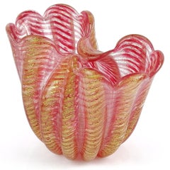 Ercole Barovier Murano Art Glass Double Flower Vase, Pink & Gold Leaf, 1950