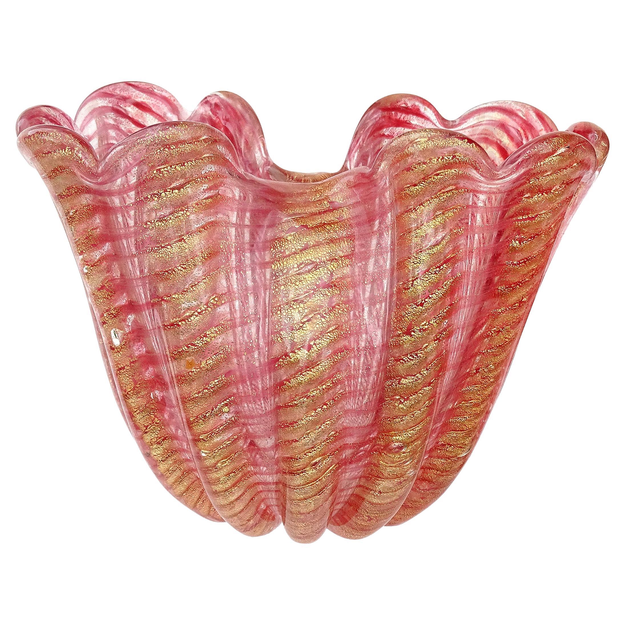 Ercole Barovier Murano Art Glass Double Flower Vase, Pink 
Gold Leaf, 1950 For Sale