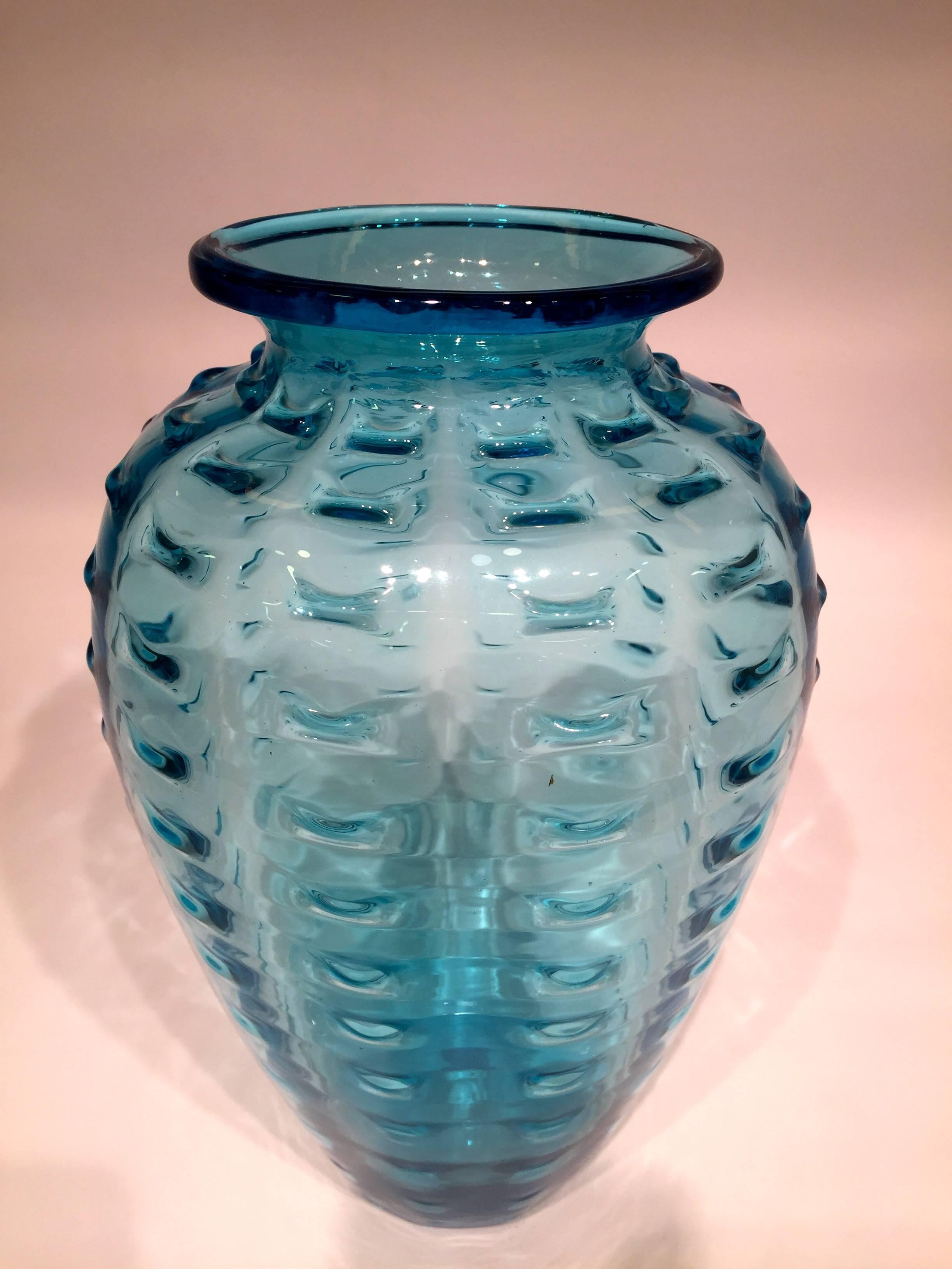 Italian Ercole Barovier Murano Artistic Blown Glass Blue Vase, circa 1950 For Sale