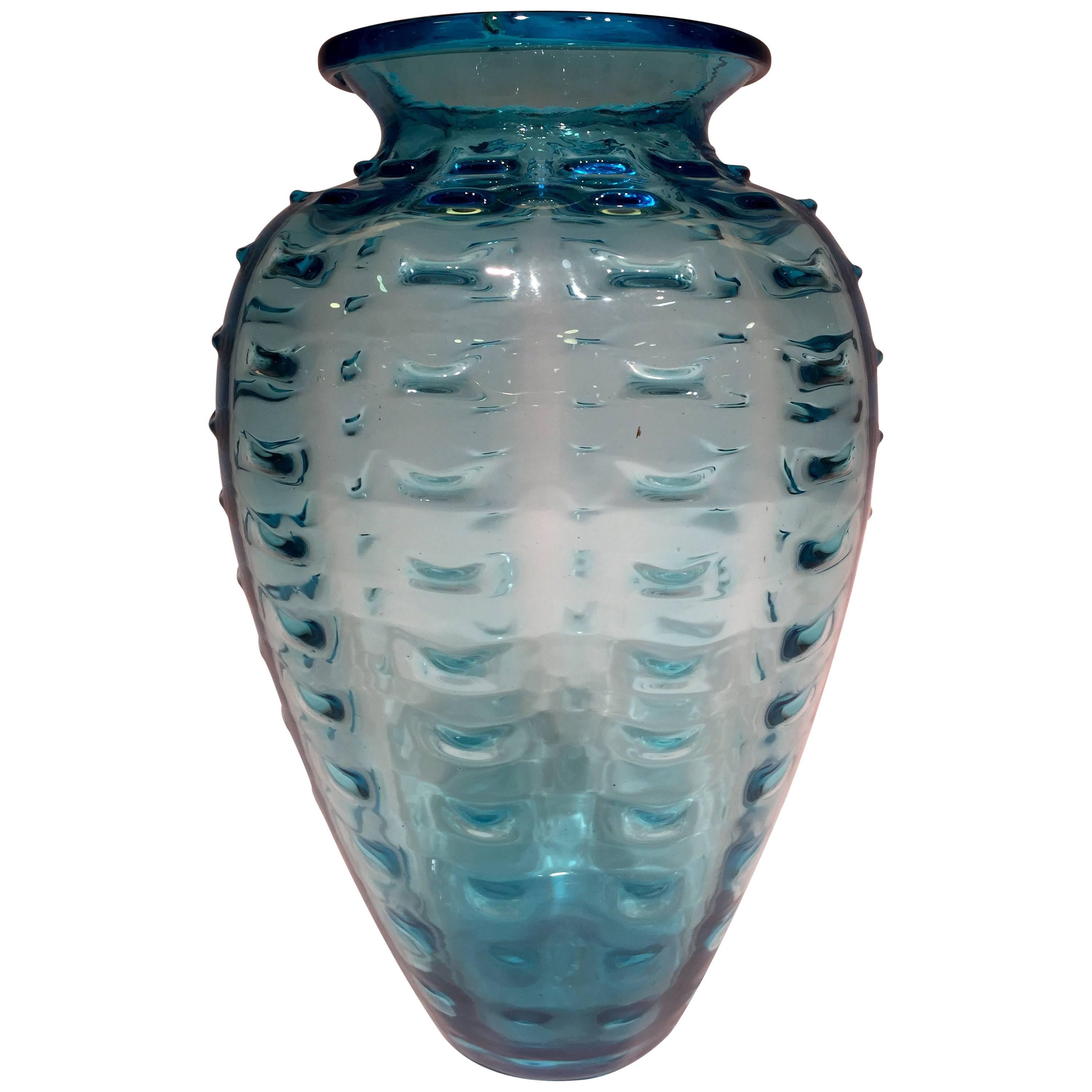 Ercole Barovier Murano Artistic Blown Glass Blue Vase, circa 1950 For Sale