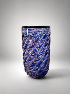 Ercole Barovier Murano Blue Aventurine Art Glass Vase with Diagonal Design