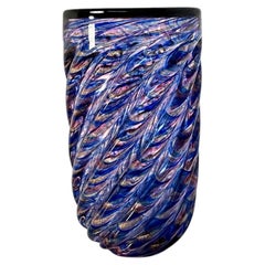 Ercole Barovier Murano Blue Aventurine Art Glass Vase with Diagonal Design