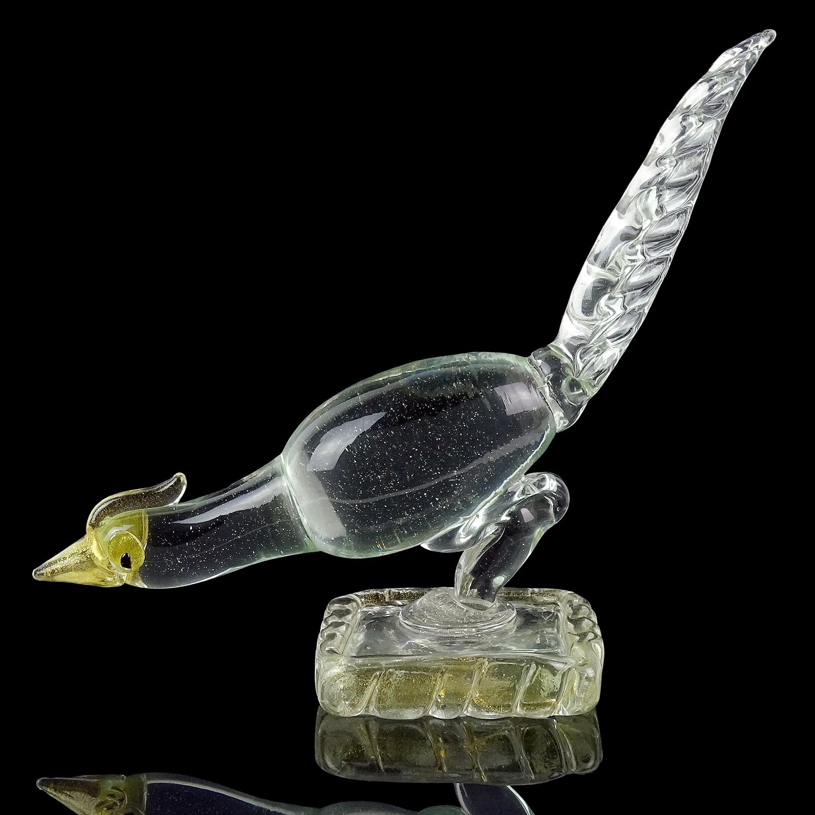 Beautiful, rare and early Murano clear and gold flecks Italian art glass pheasant sculpture on base. Documented to designer Ercole Barovier, circa 1937. Created for Ferro Toso Barovier. It still retains an original label, from an old Italian