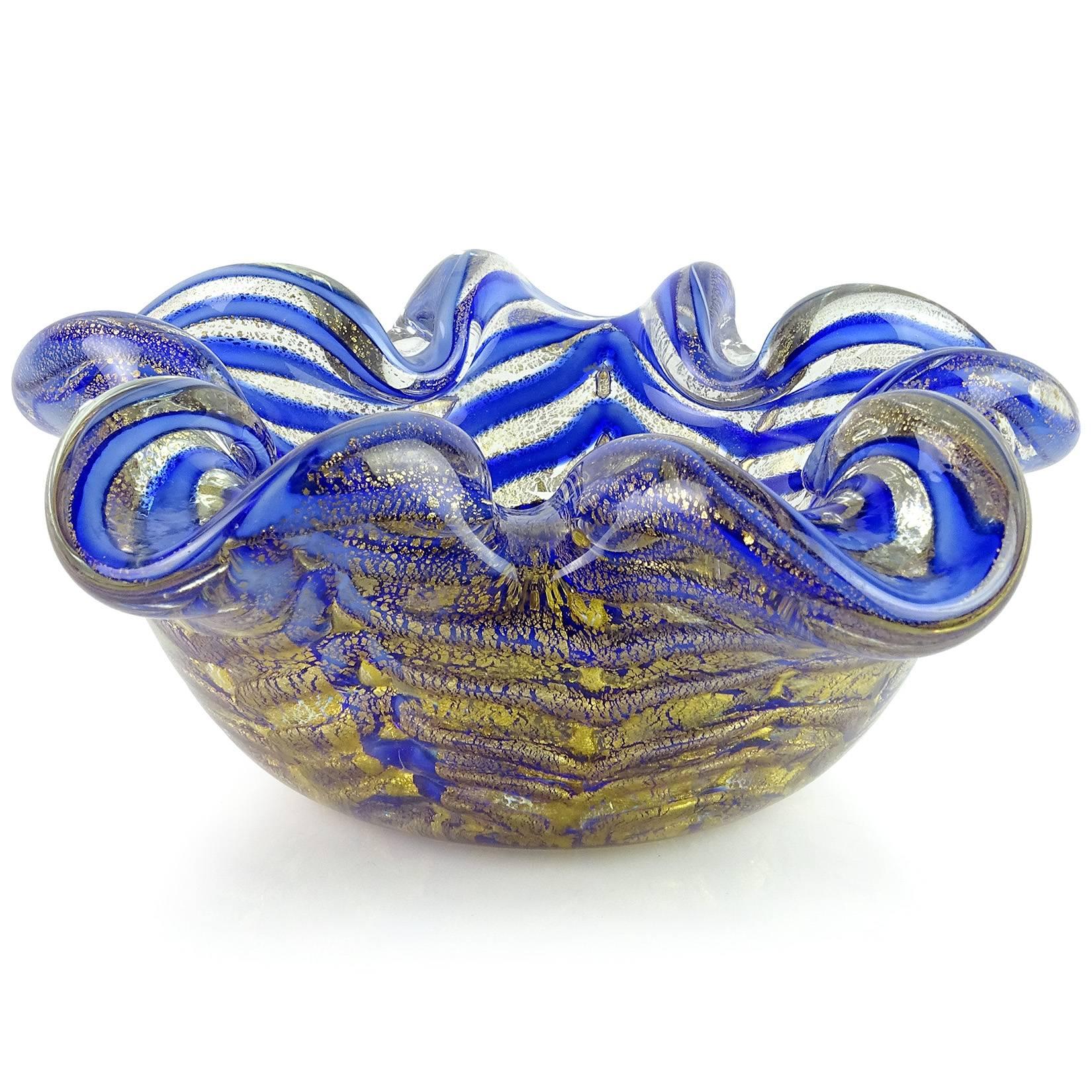 Beautiful vintage Murano hand blown cobalt blue and gold flecks Italian art glass flower shaped bowl. Documented to designer Ercole Barovier for Barovier e Toso, circa 1960s. Created in the 