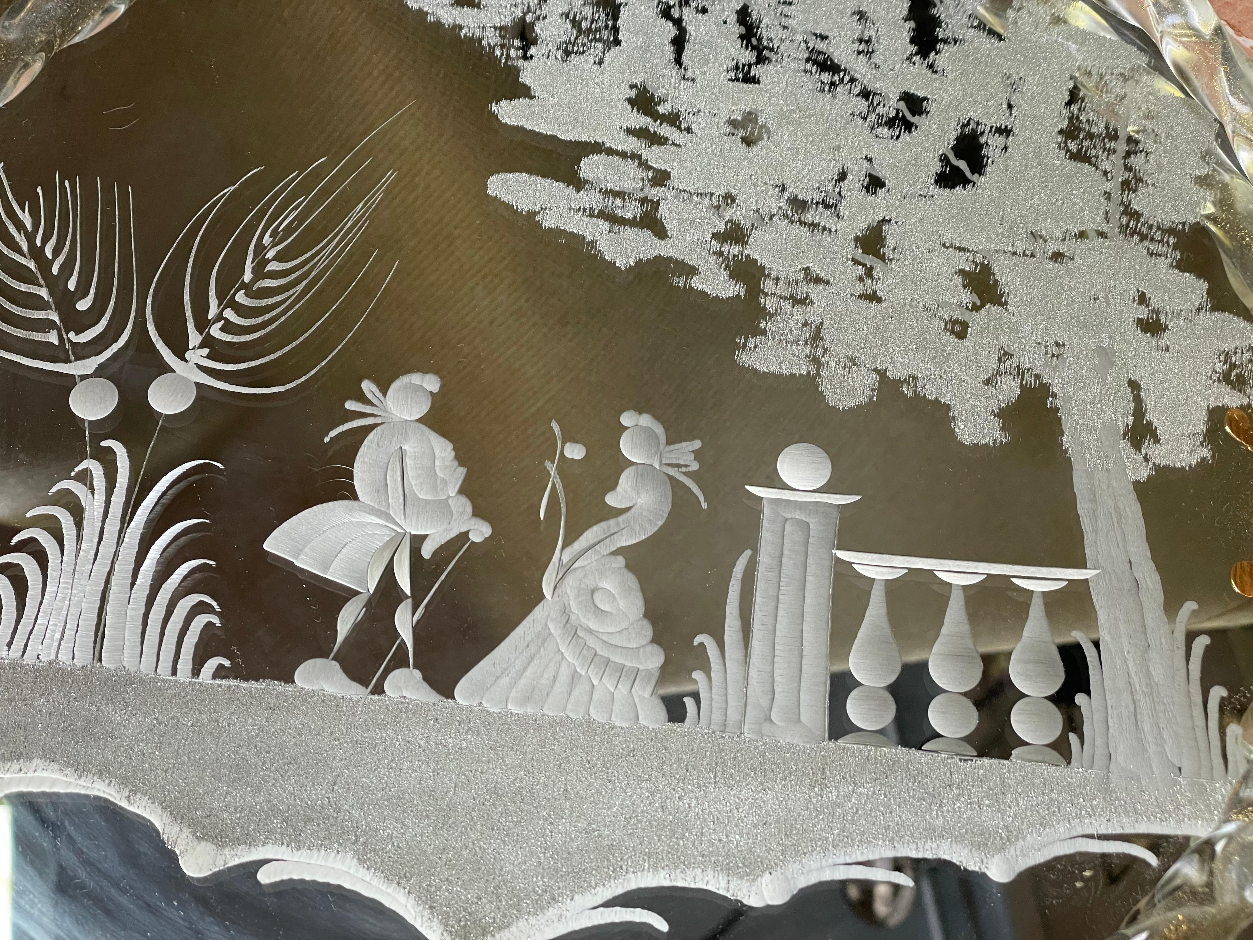 Ercole Barovier Murano geätztes rundes Tablett aus Aventuringlas mit gedrehten Metallgriffen aus Muranoglas (Italienisch) im Angebot