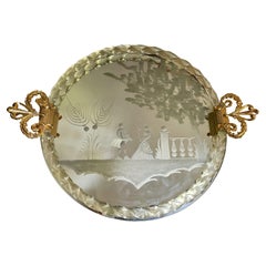 Ercole Barovier Murano geätztes rundes Tablett aus Aventuringlas mit gedrehten Metallgriffen aus Muranoglas