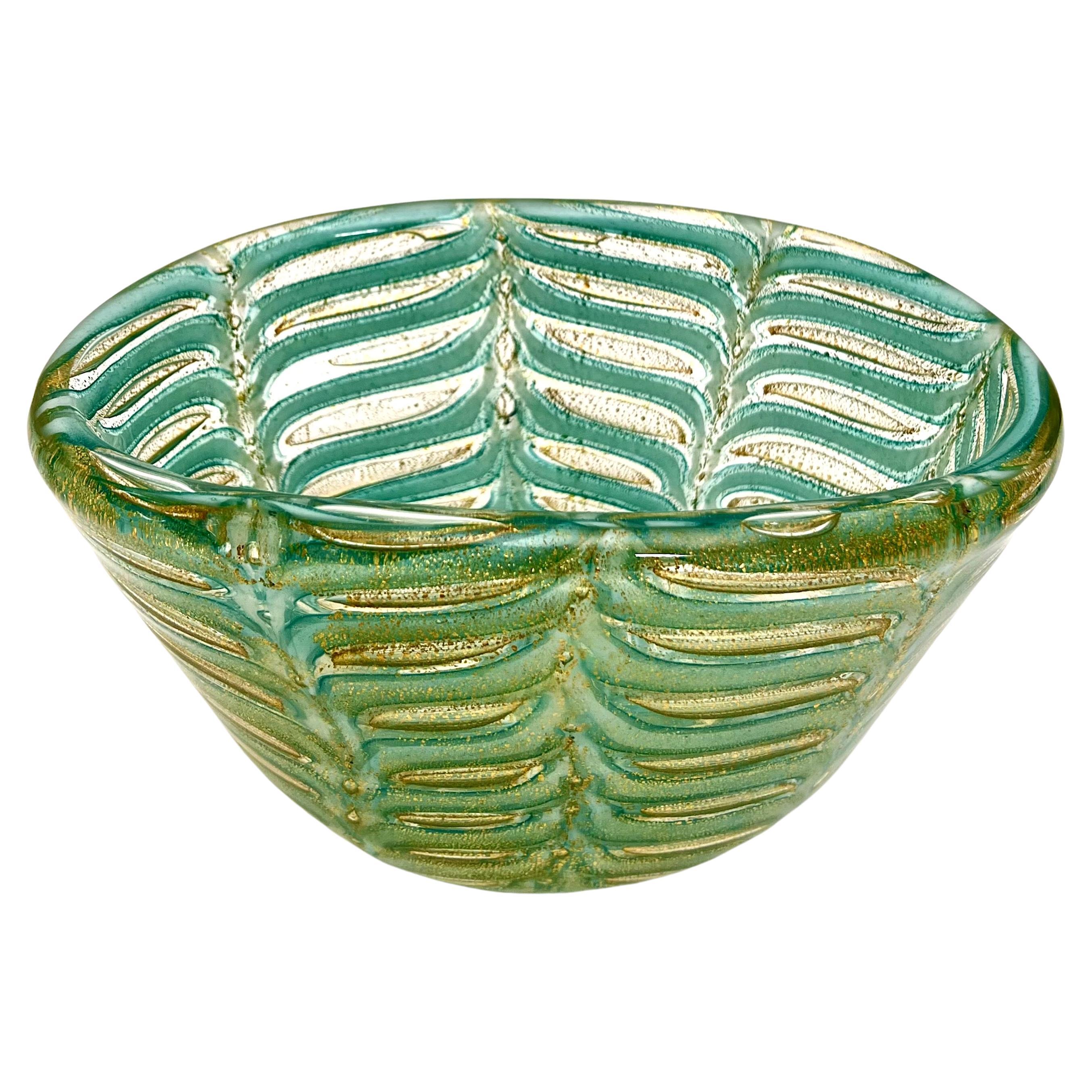 Italian Ercole Barovier Murano Green and Gold Leaf Graffito Bowl For Sale