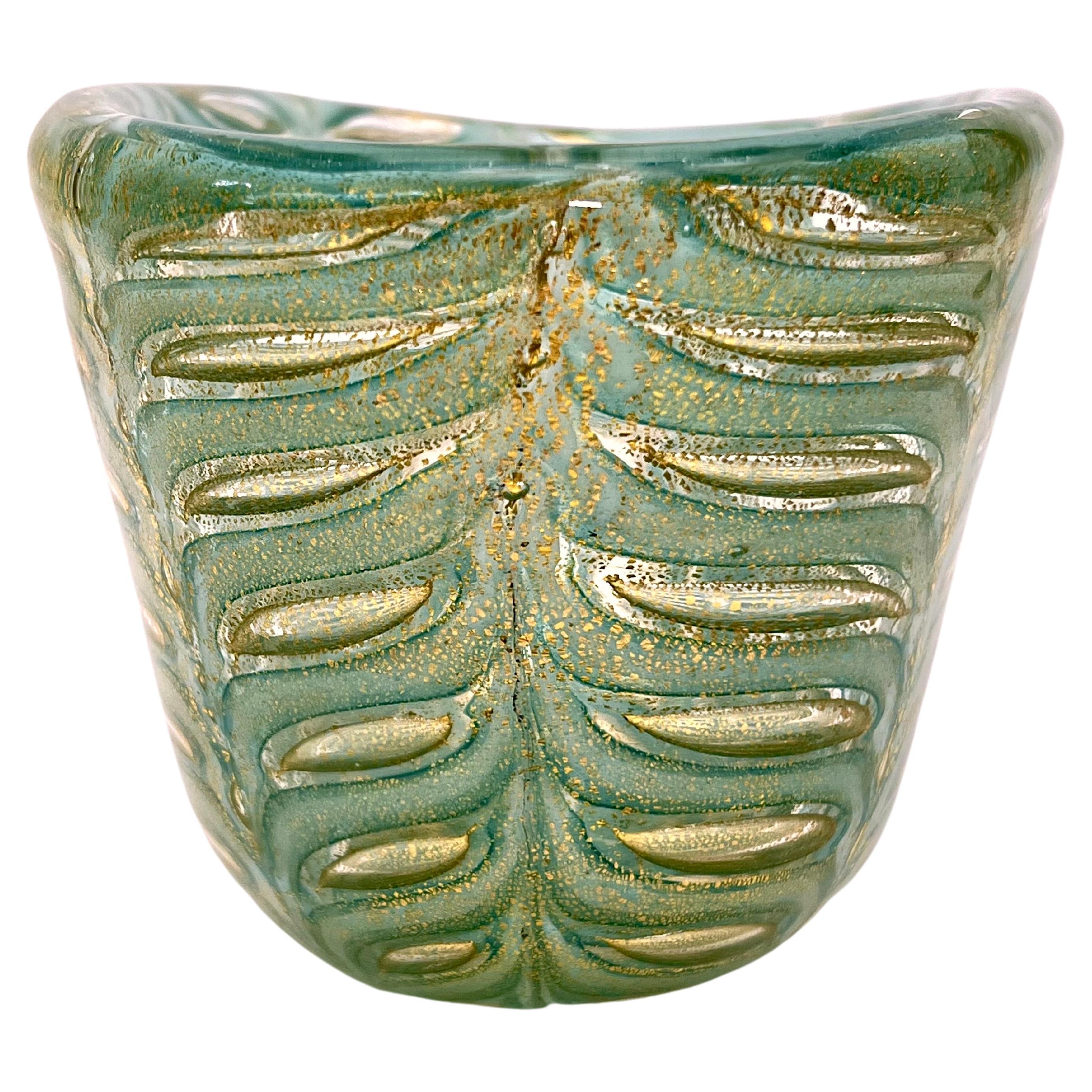 Mid-20th Century Ercole Barovier Murano Green and Gold Leaf Graffito Bowl For Sale