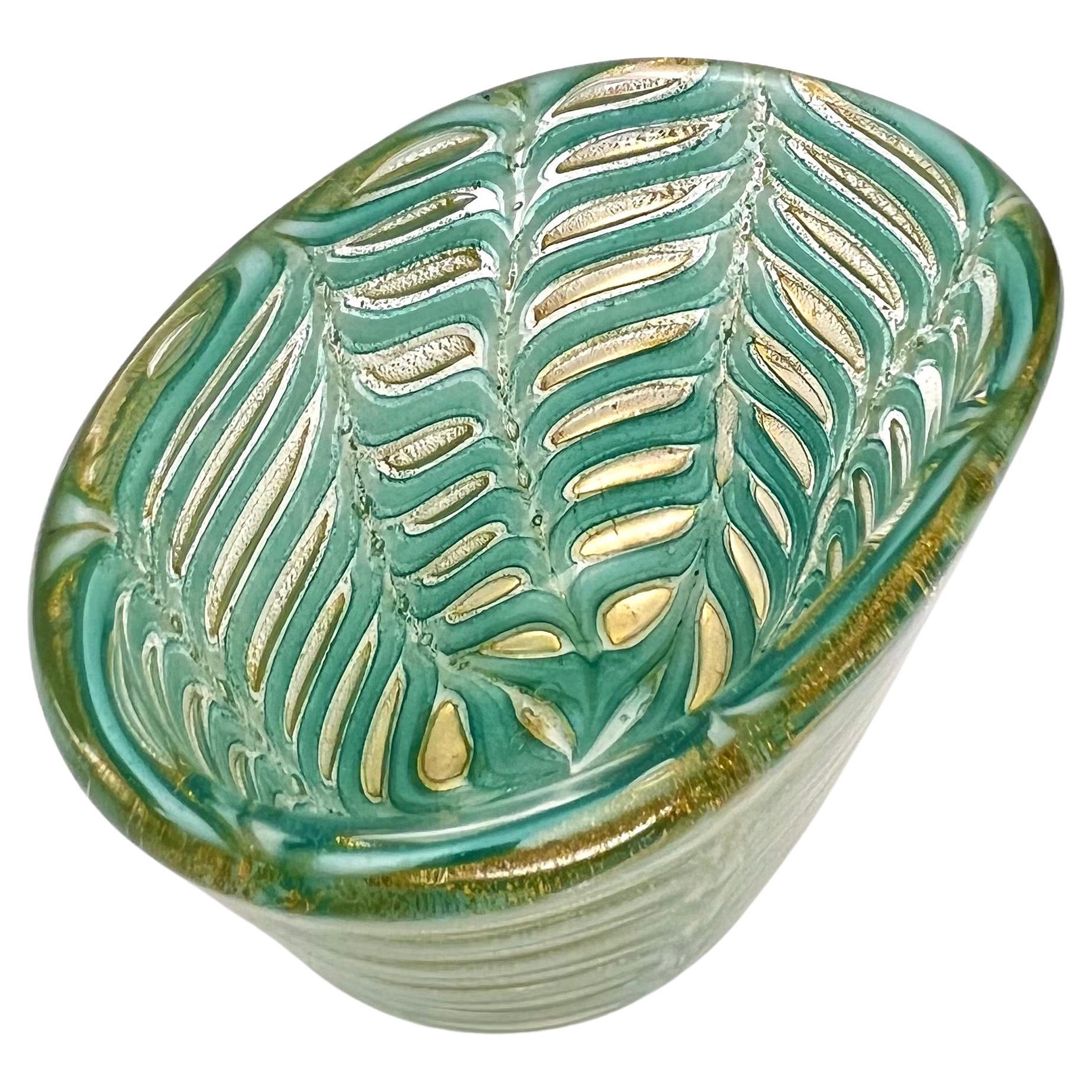 Blown Glass Ercole Barovier Murano Green and Gold Leaf Graffito Bowl For Sale