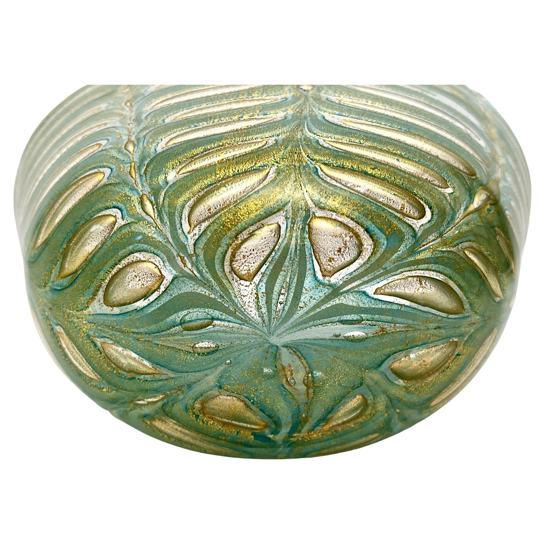 Ercole Barovier Murano Green and Gold Leaf Graffito Bowl For Sale 2