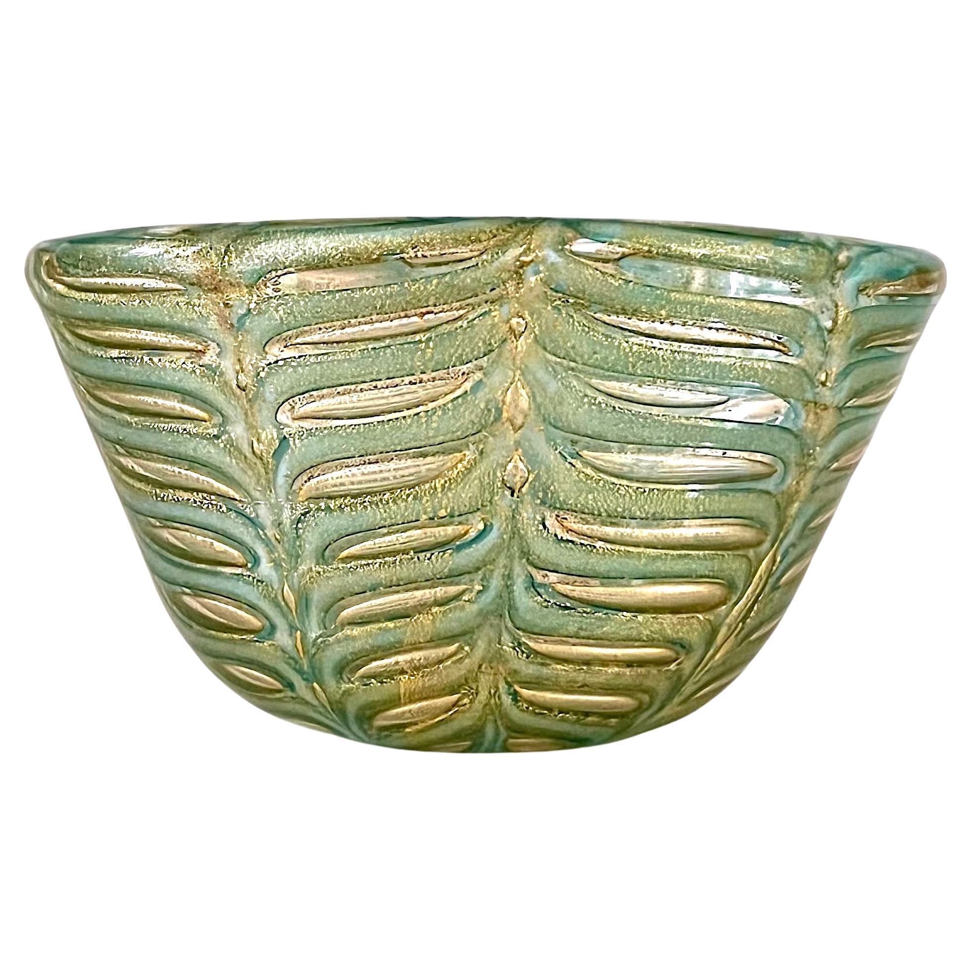 Ercole Barovier Murano Green and Gold Leaf Graffito Bowl For Sale