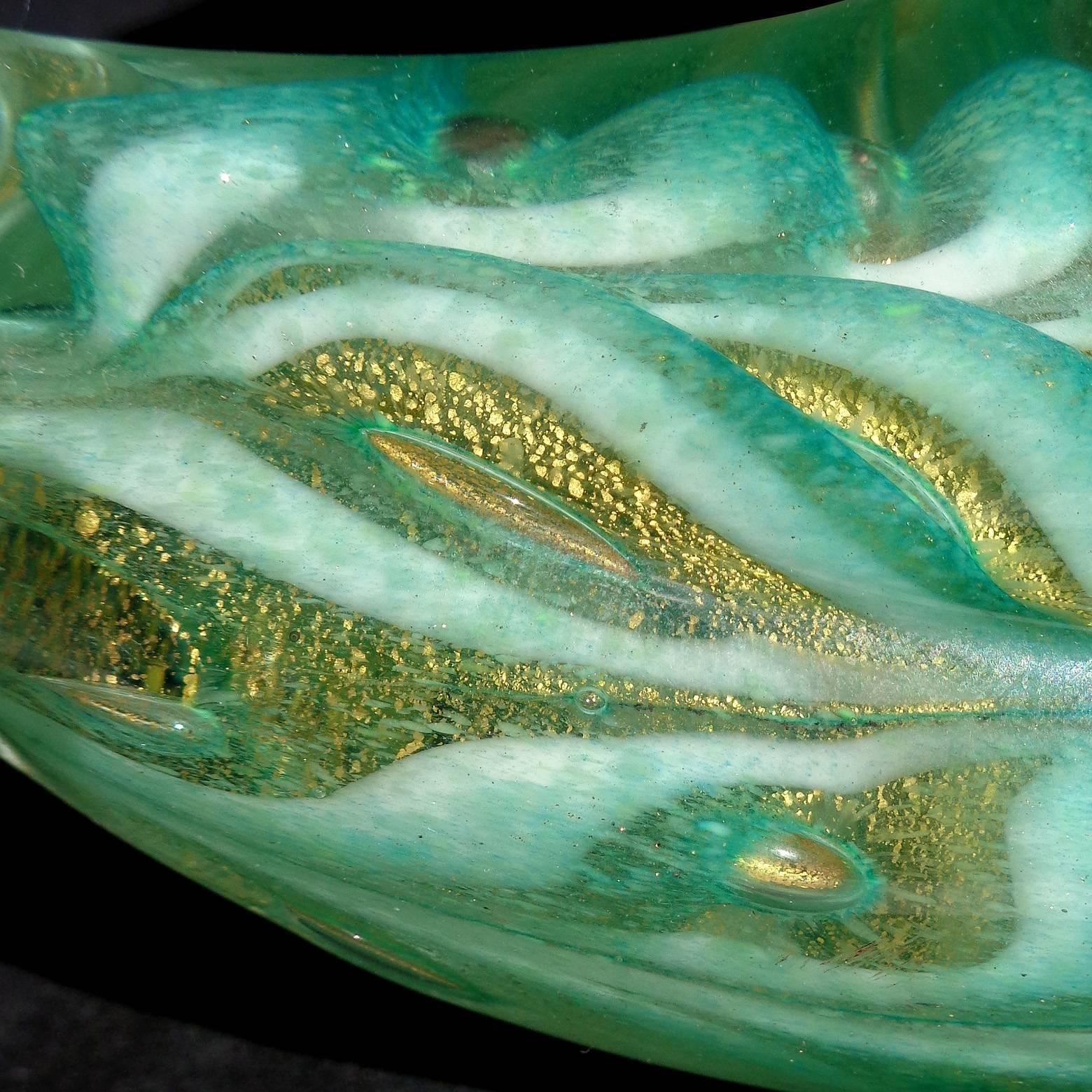 Mid-Century Modern Ercole Barovier Toso Murano Green Gold Flecks Italian Art Glass Bird Sculpture
