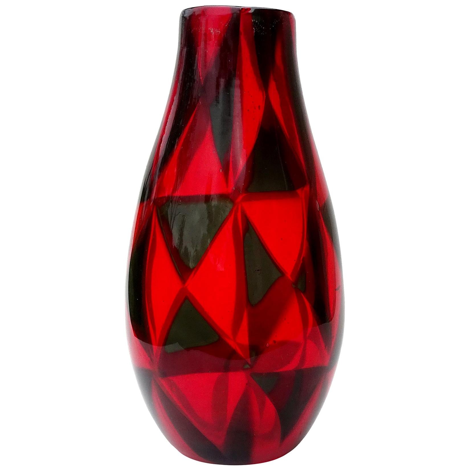 Ercole Barovier Murano Red Gray Intarsio Mosaic Triangle Italian Art Glass Vase