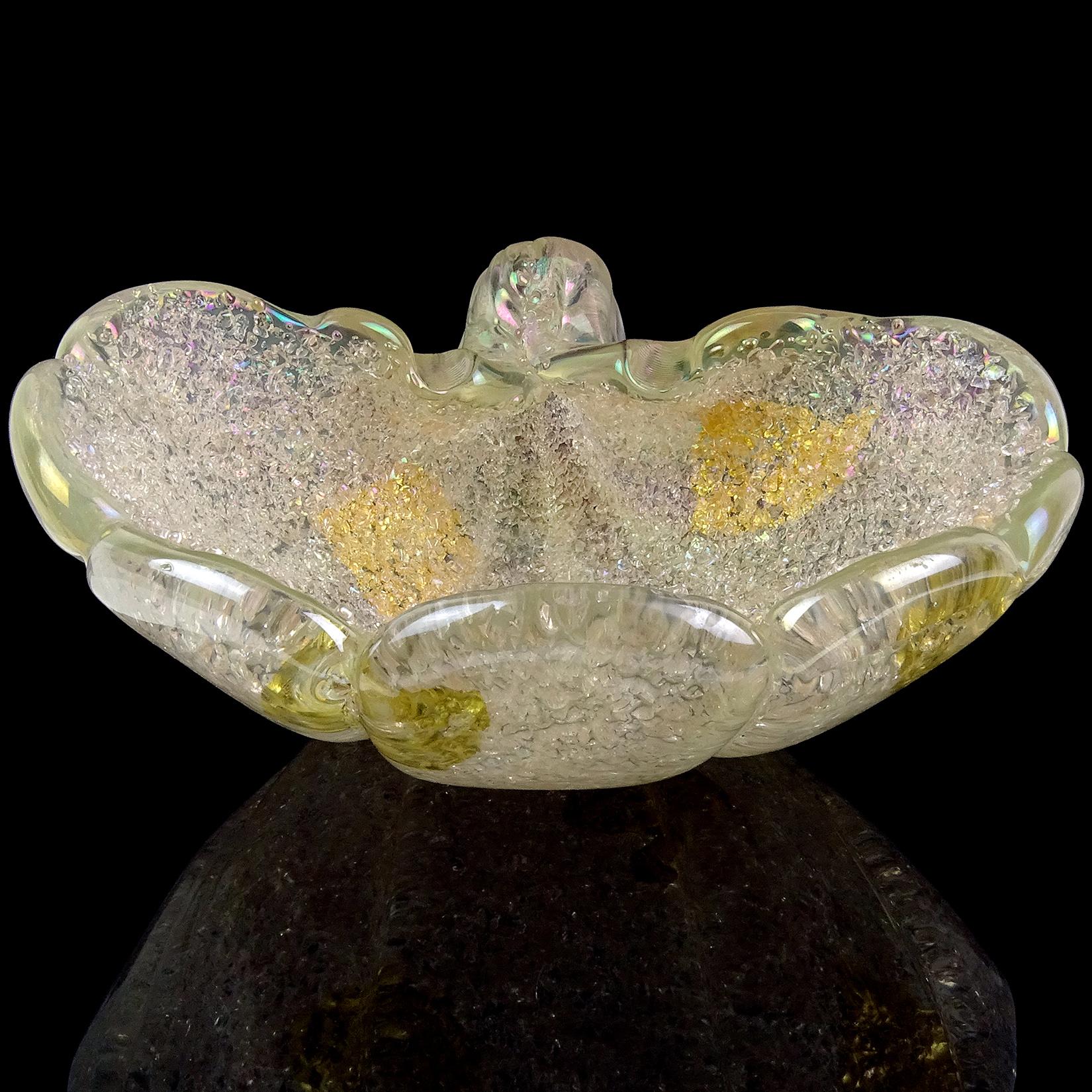 Hand-Crafted Ercole Barovier Murano Iridescent Gold Flecks Italian Art Glass Seashell Bowl