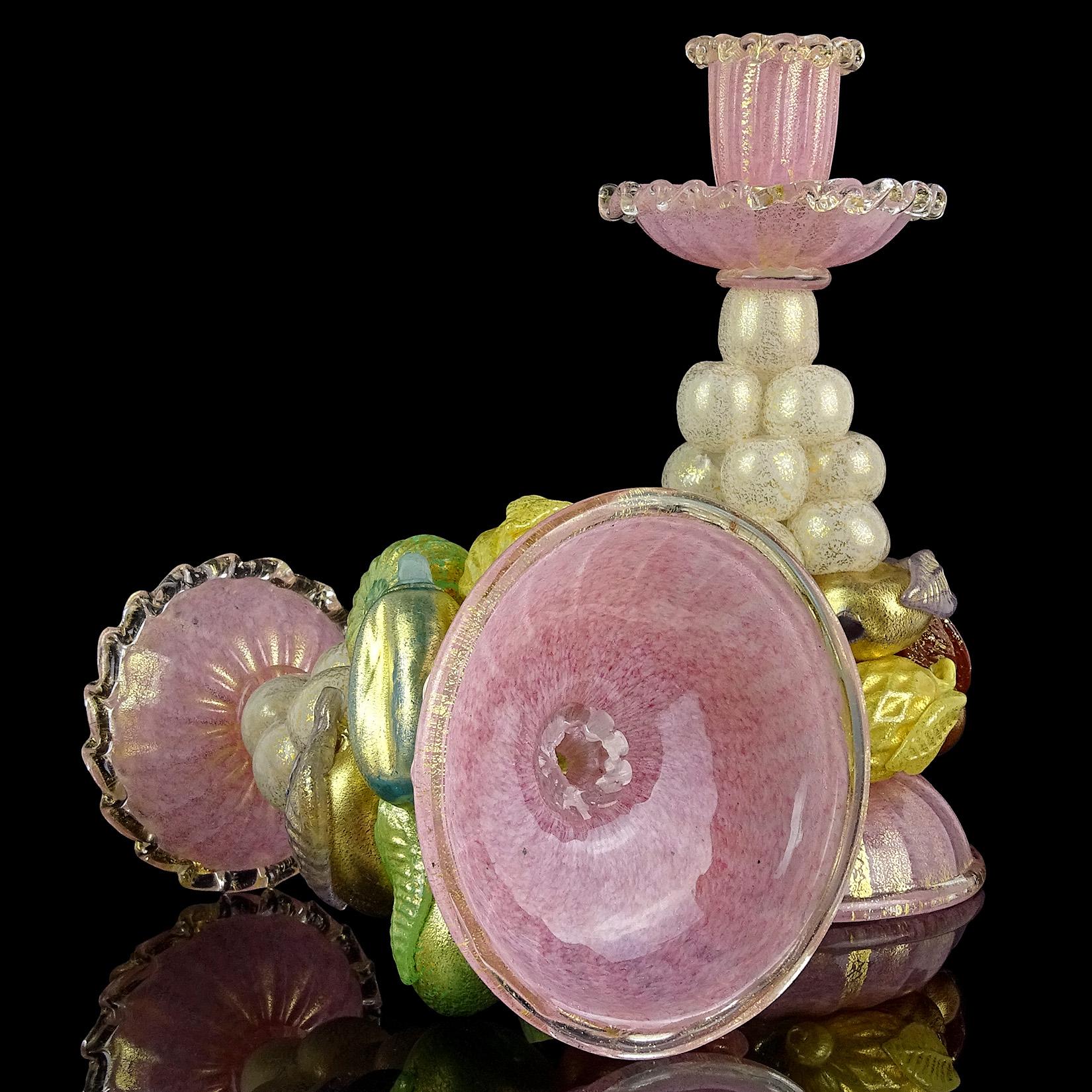Ercole Barovier Murano Pink Gold Italian Art Glass Fruit Sculptural Candlesticks 4