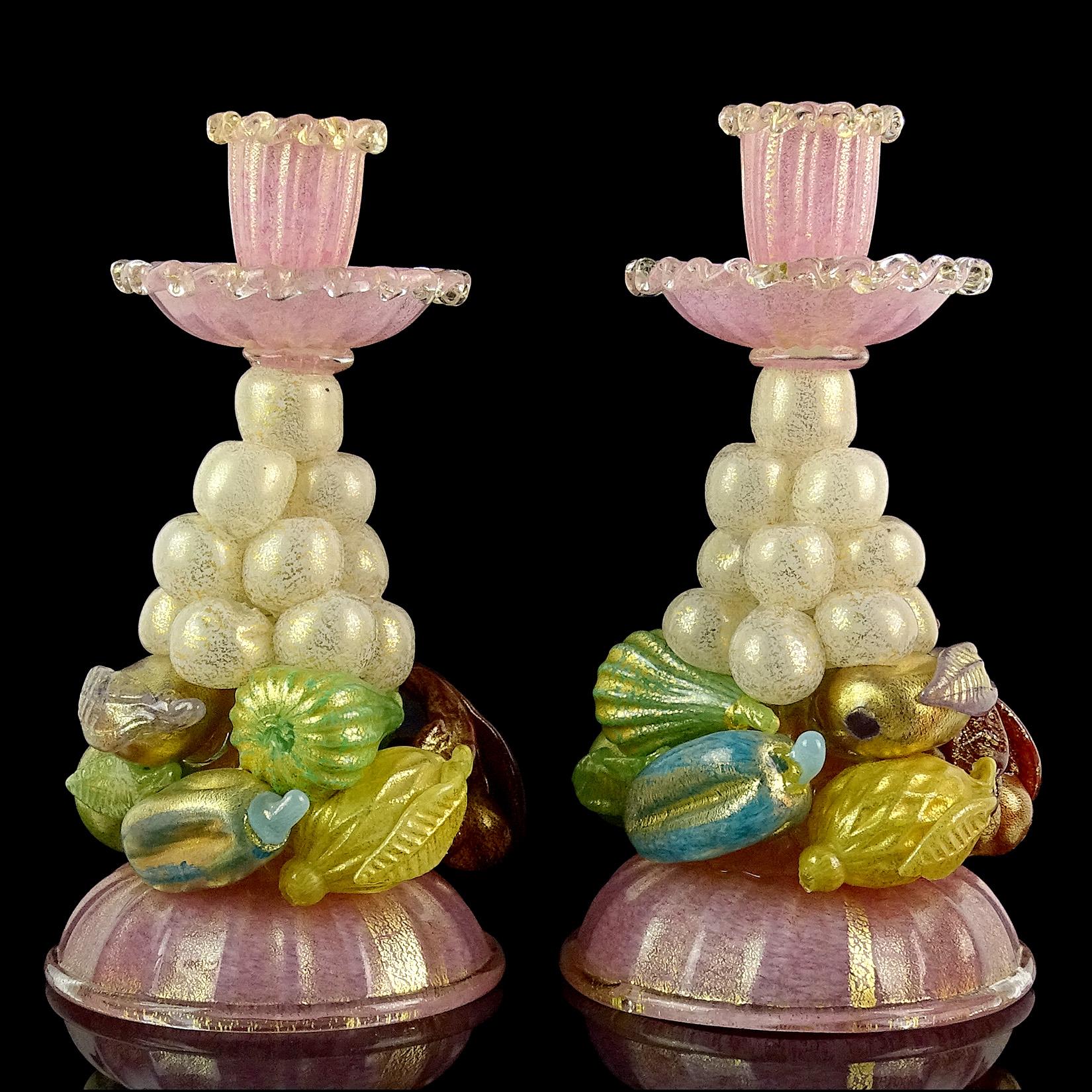 Ercole Barovier Murano Pink Gold Italian Art Glass Fruit Sculptural Candlesticks 2
