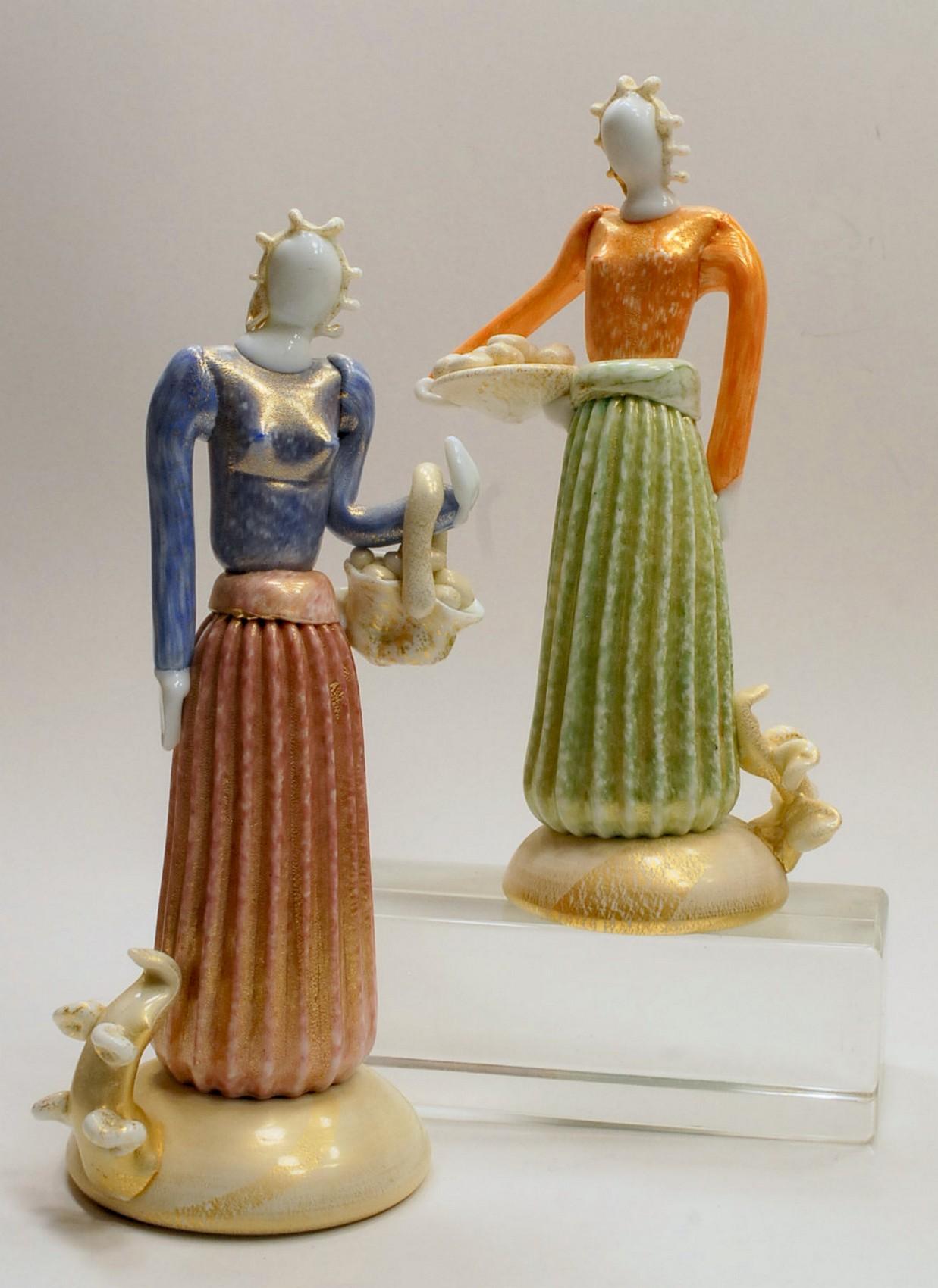 Milk Glass Ercole Barovier Murano, Two Polychrome Figurine, Lattimo Color Gold Leaf, 1930s