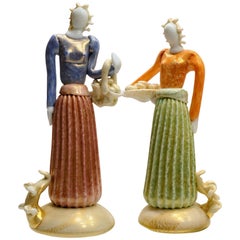 Ercole Barovier Murano, Two Polychrome Figurine, Lattimo Color Gold Leaf, 1930s