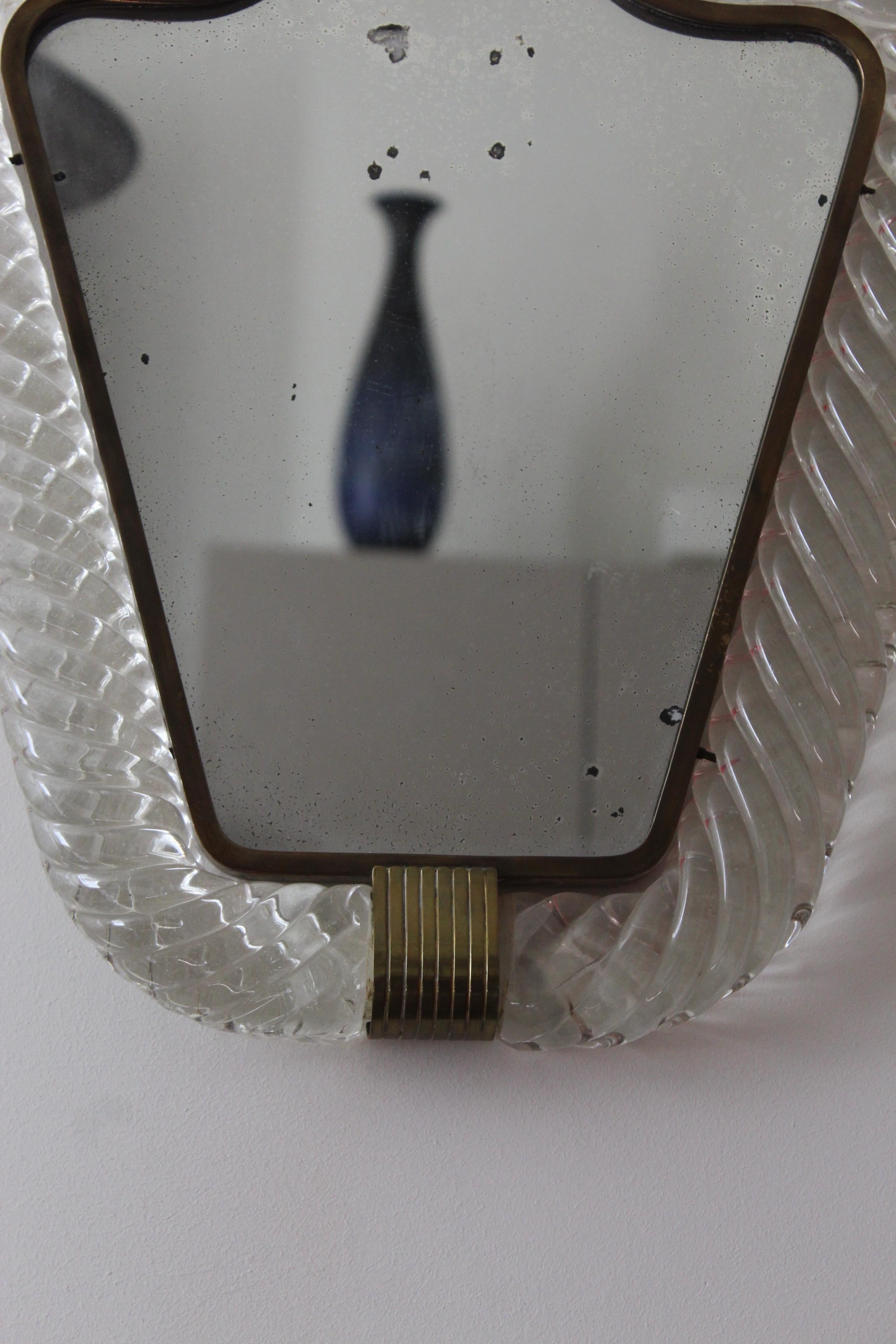 Italian Ercole Barovier, Organic Wall Mirror, Murano Glass, Brass, Mirror, Italy c. 1940 For Sale