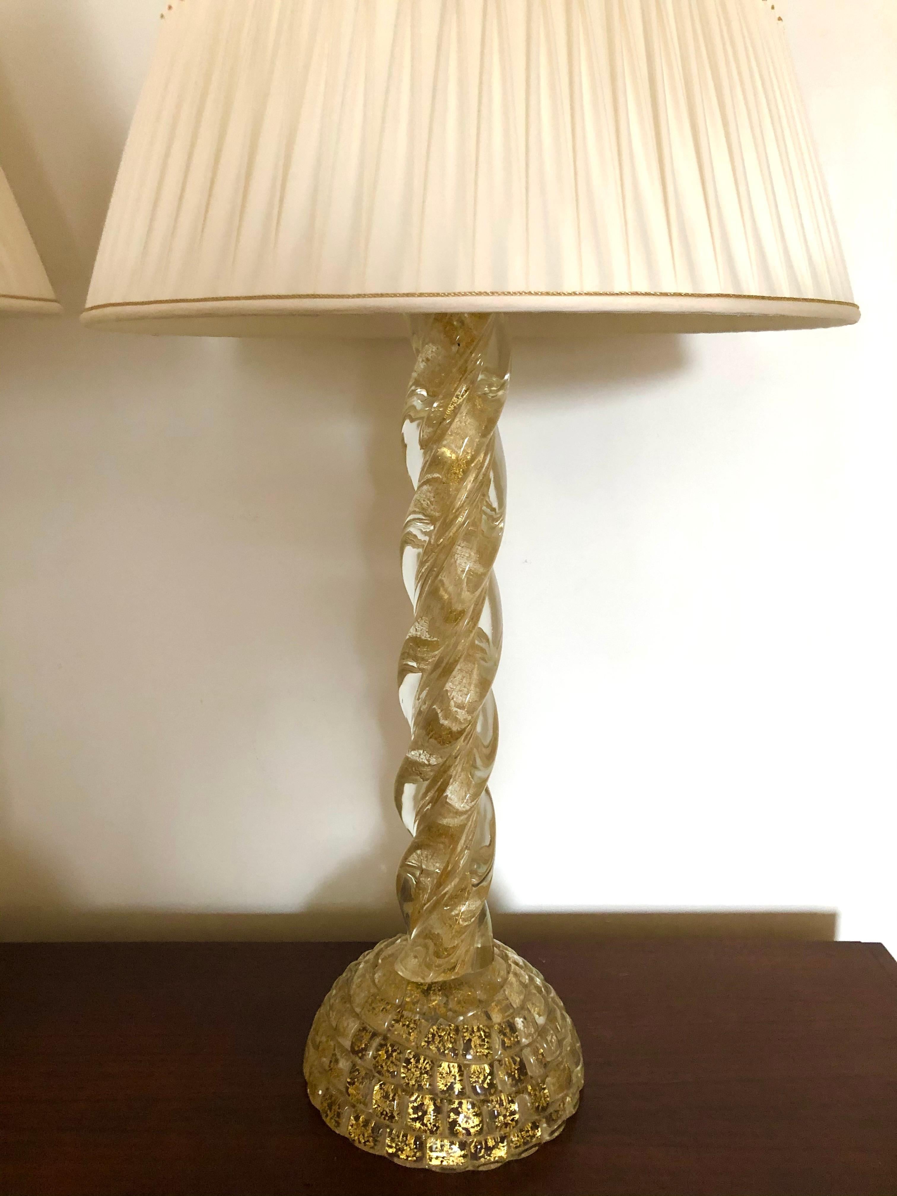 Blown Glass Ercole Barovier, Pair Massive Murano Glass Table Lamps For Sale