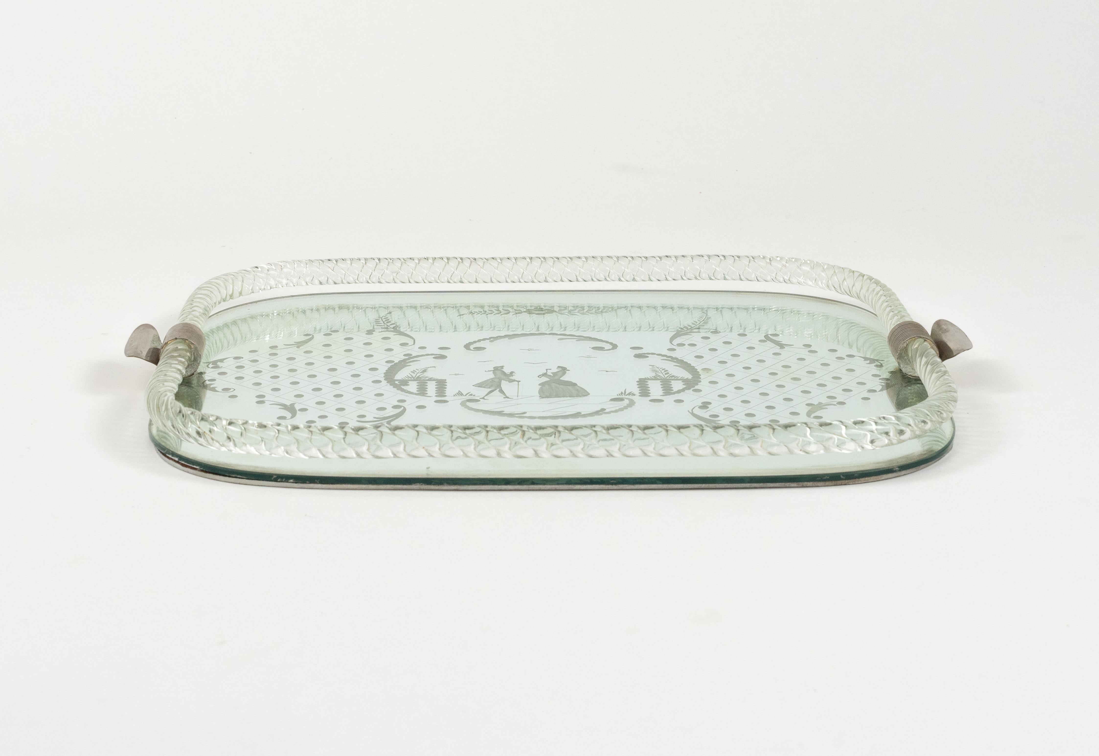 Bandeja para servir Ercole Barovier Vidrio de Murano grabado en espejo, Italia Años 50 Moderno de mediados de siglo en venta