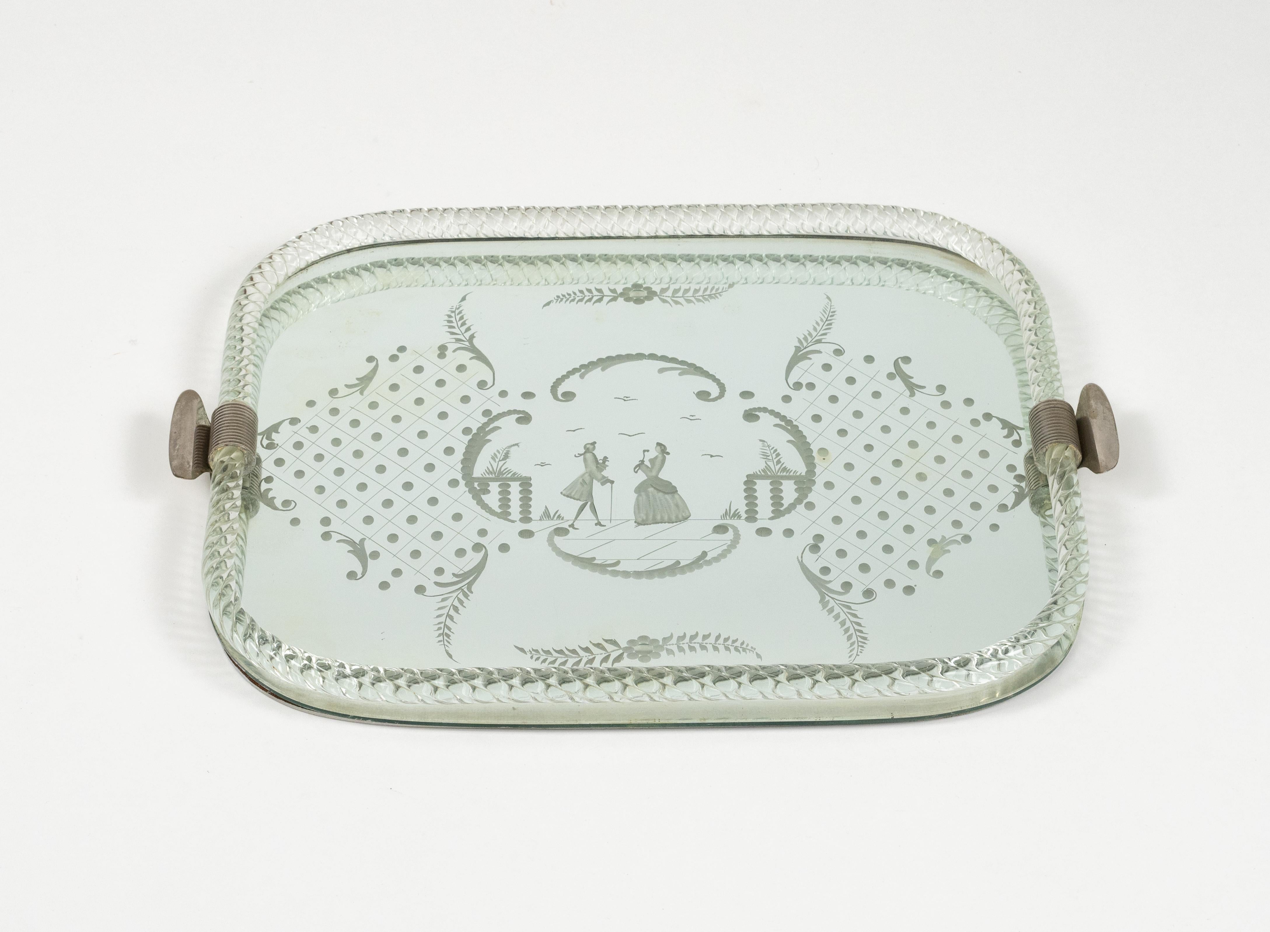 Bandeja para servir Ercole Barovier Vidrio de Murano grabado en espejo, Italia Años 50 Italiano en venta