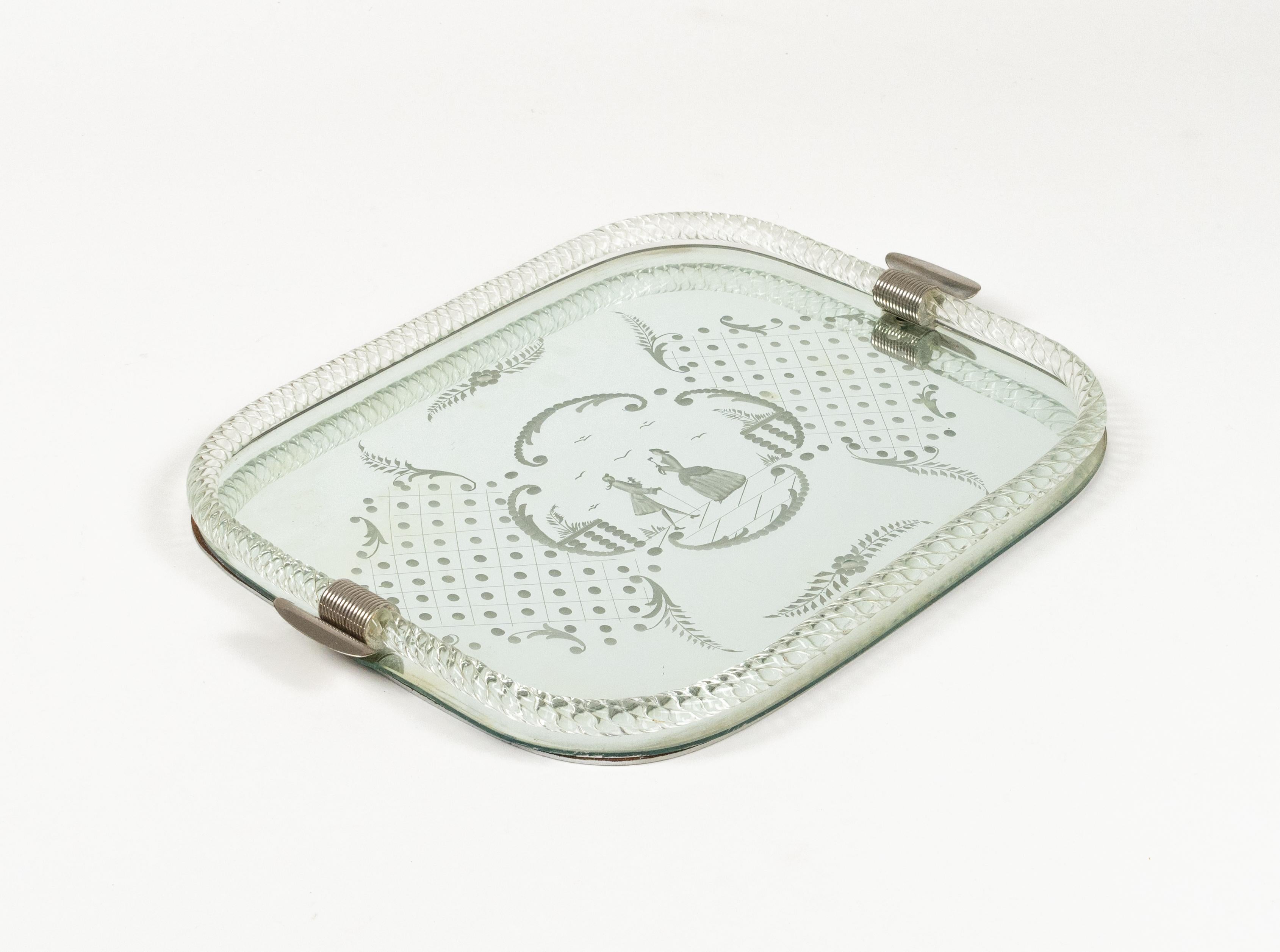 Bandeja para servir Ercole Barovier Vidrio de Murano grabado en espejo, Italia Años 50 Metal en venta