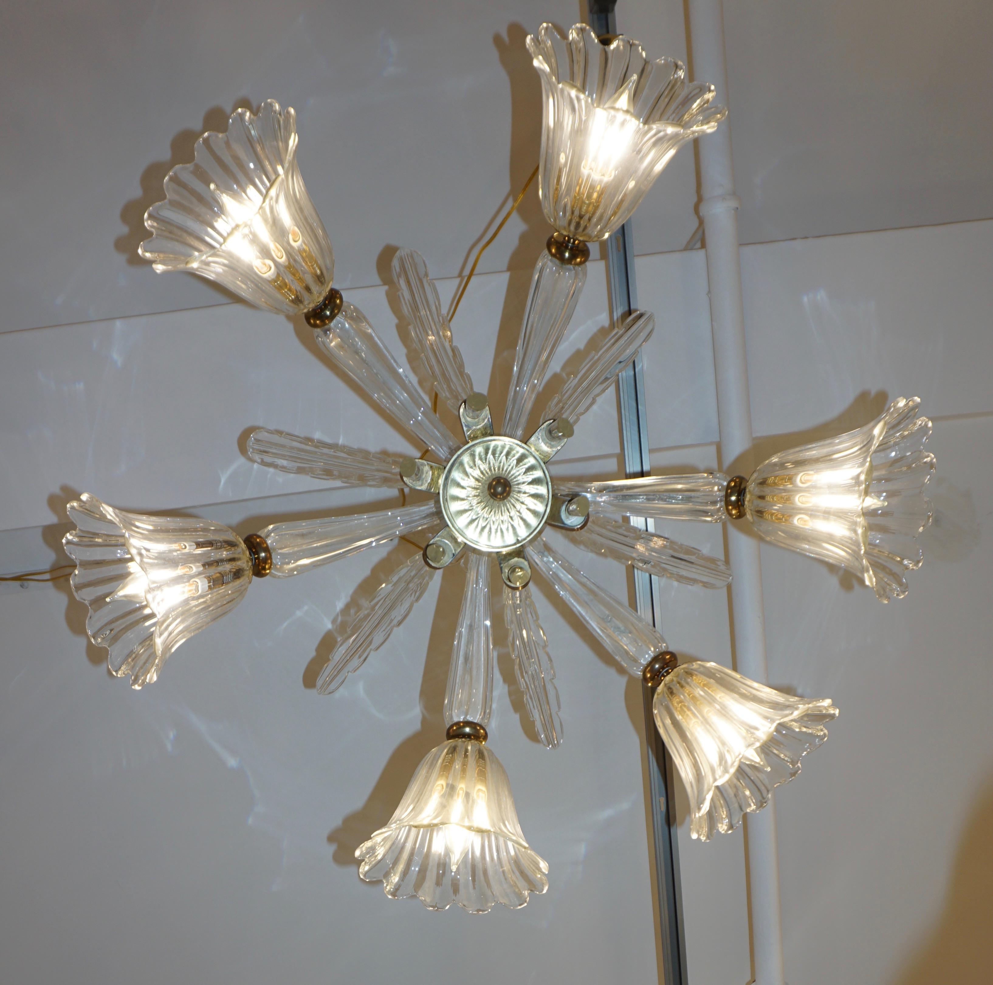 Ercole Barovier Six-Light Crystal Clear Murano Glass Chandelier, 1930s  7