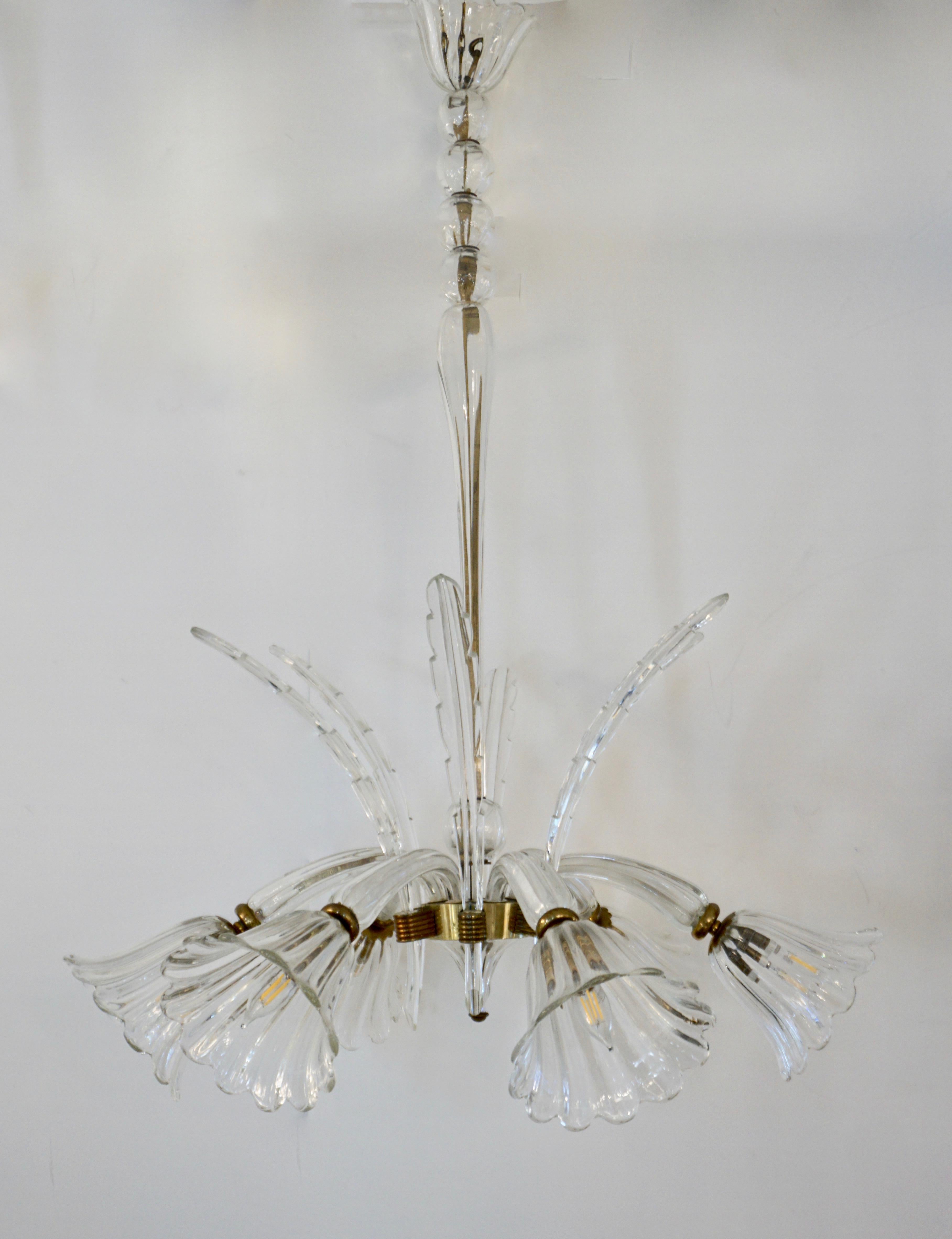 Ercole Barovier Six-Light Crystal Clear Murano Glass Chandelier, 1930s  8