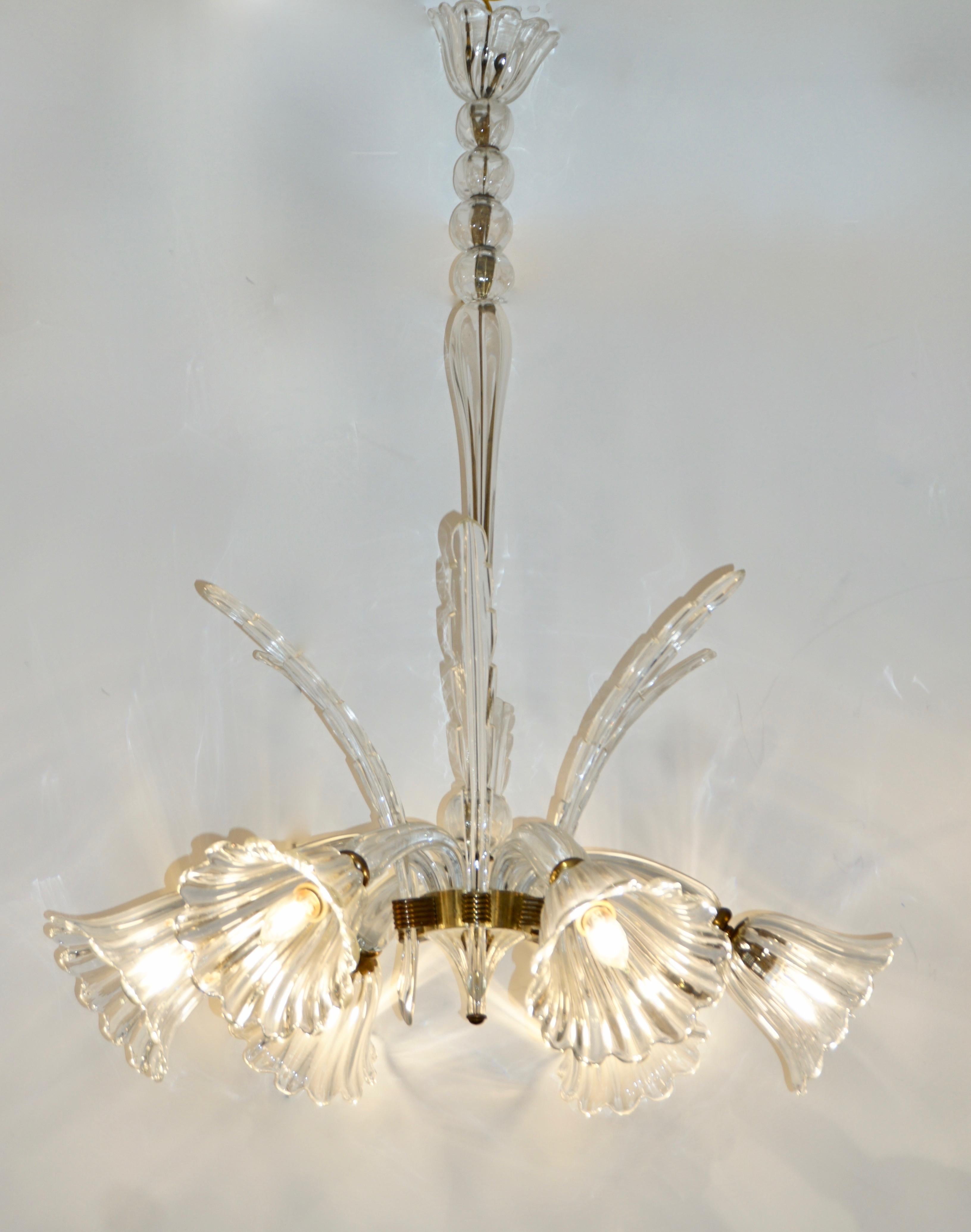Ercole Barovier Six-Light Crystal Clear Murano Glass Chandelier, 1930s  1