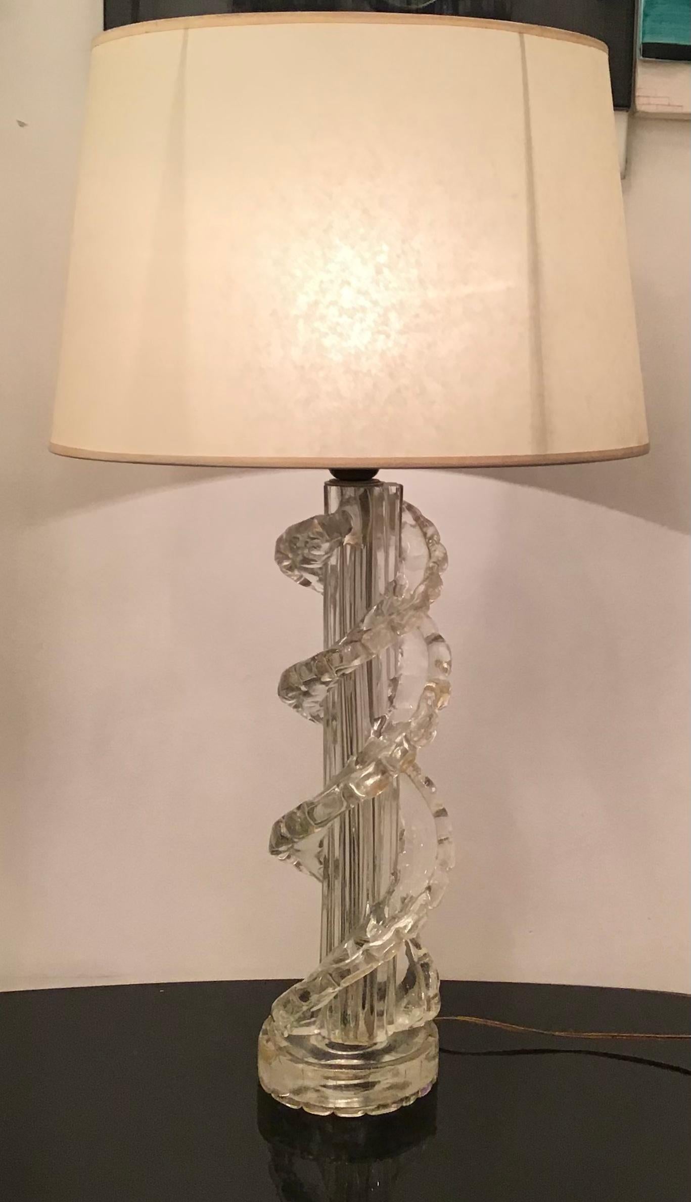 Ercole Barovier Table Lamp Murano Glass Brass Parchment Lampshade 1940 Italy For Sale 9