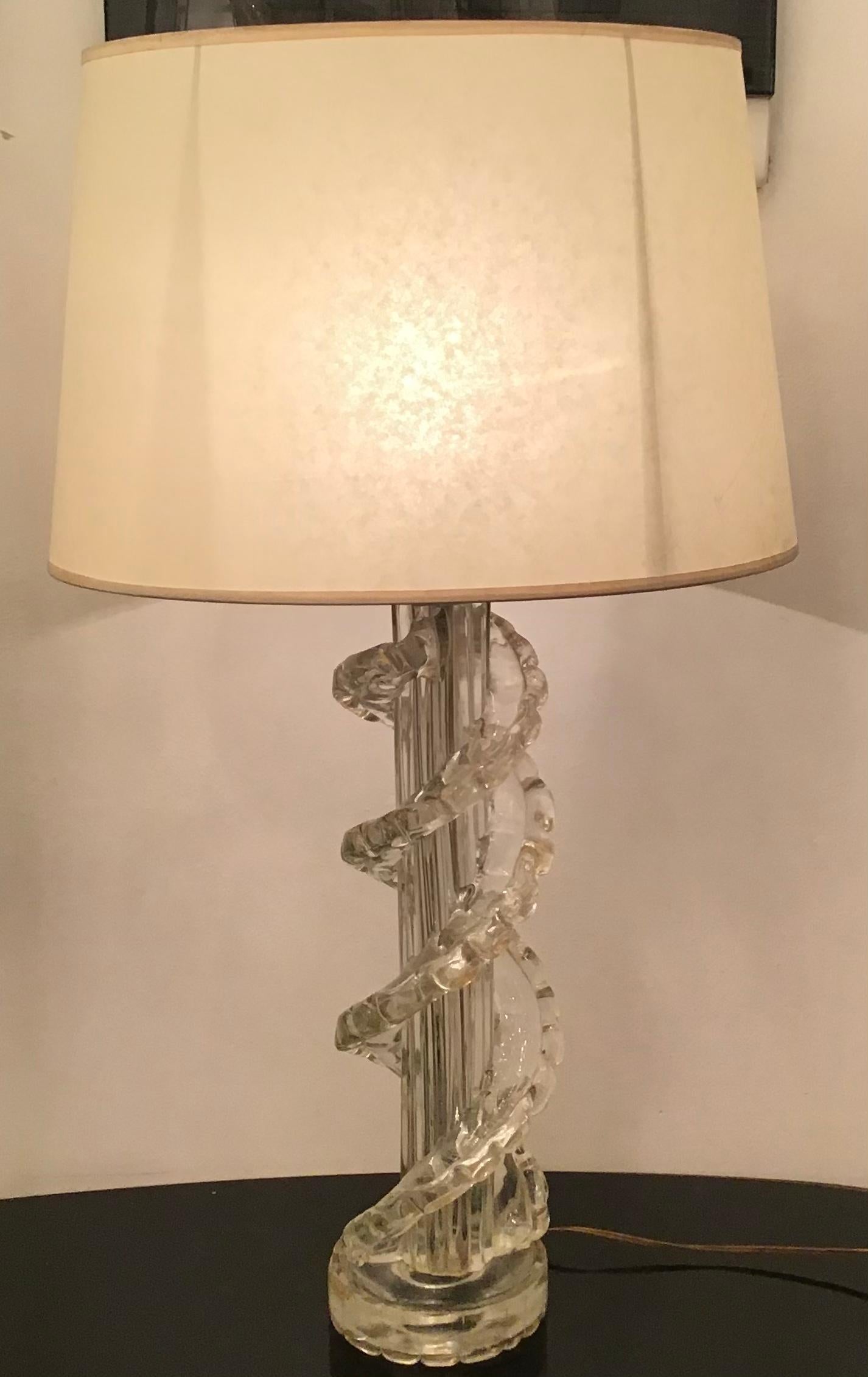 Other Ercole Barovier Table Lamp Murano Glass Brass Parchment Lampshade 1940 Italy For Sale