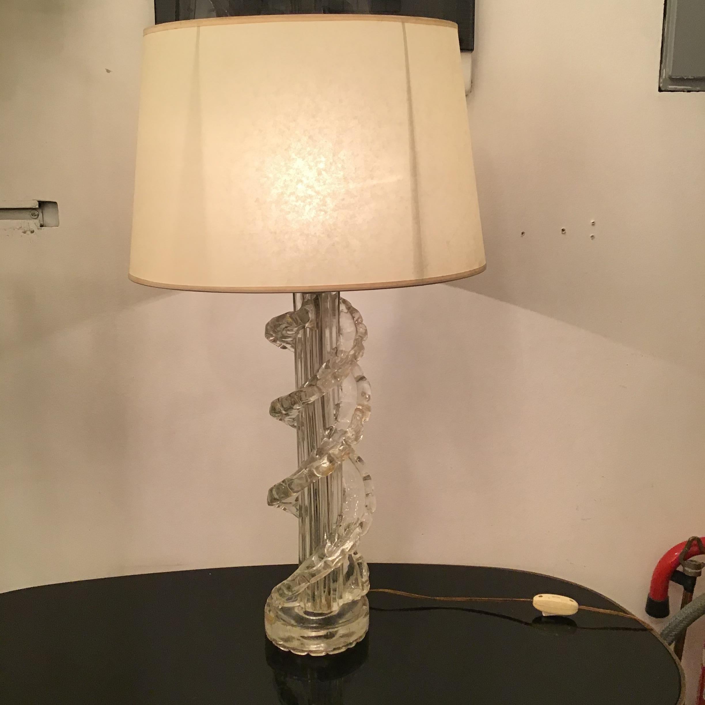 Ercole Barovier Table Lamp Murano Glass Brass Parchment Lampshade 1940 Italy In Good Condition For Sale In Milano, IT