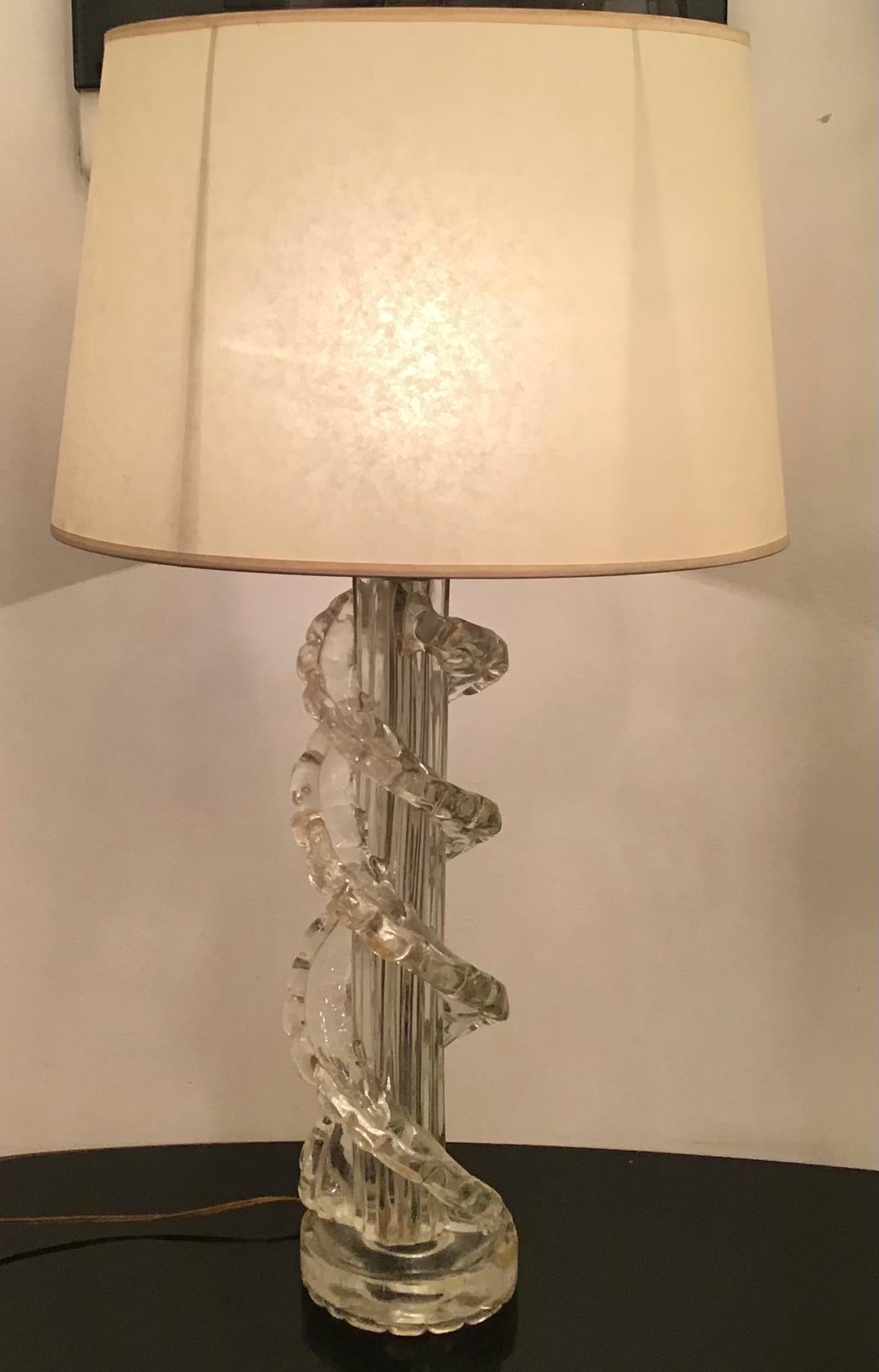 Ercole Barovier Table Lamp Murano Glass Brass Parchment Lampshade 1940 Italy For Sale 1
