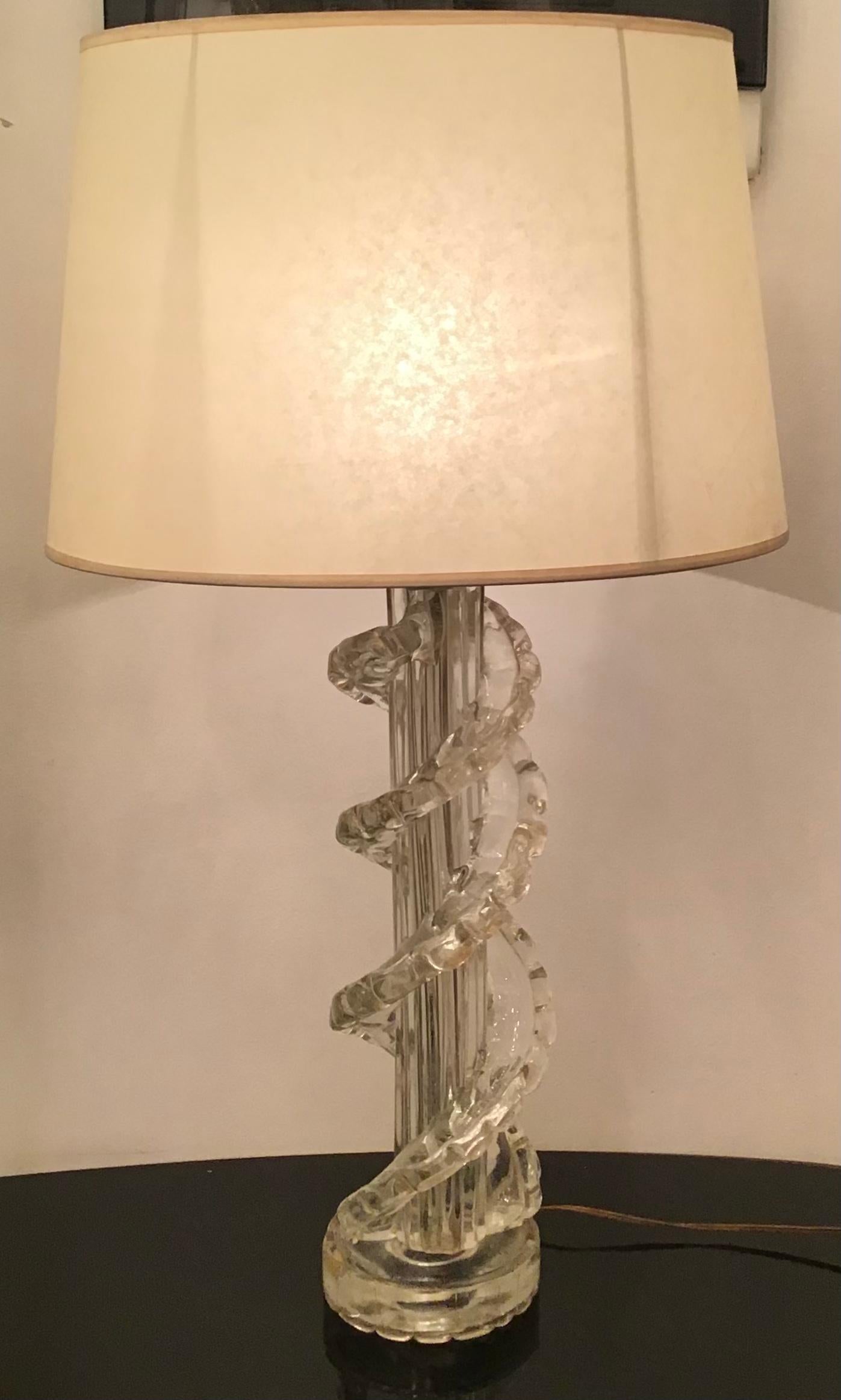 Ercole Barovier Table Lamp Murano Glass Brass Parchment Lampshade 1940 Italy For Sale 2