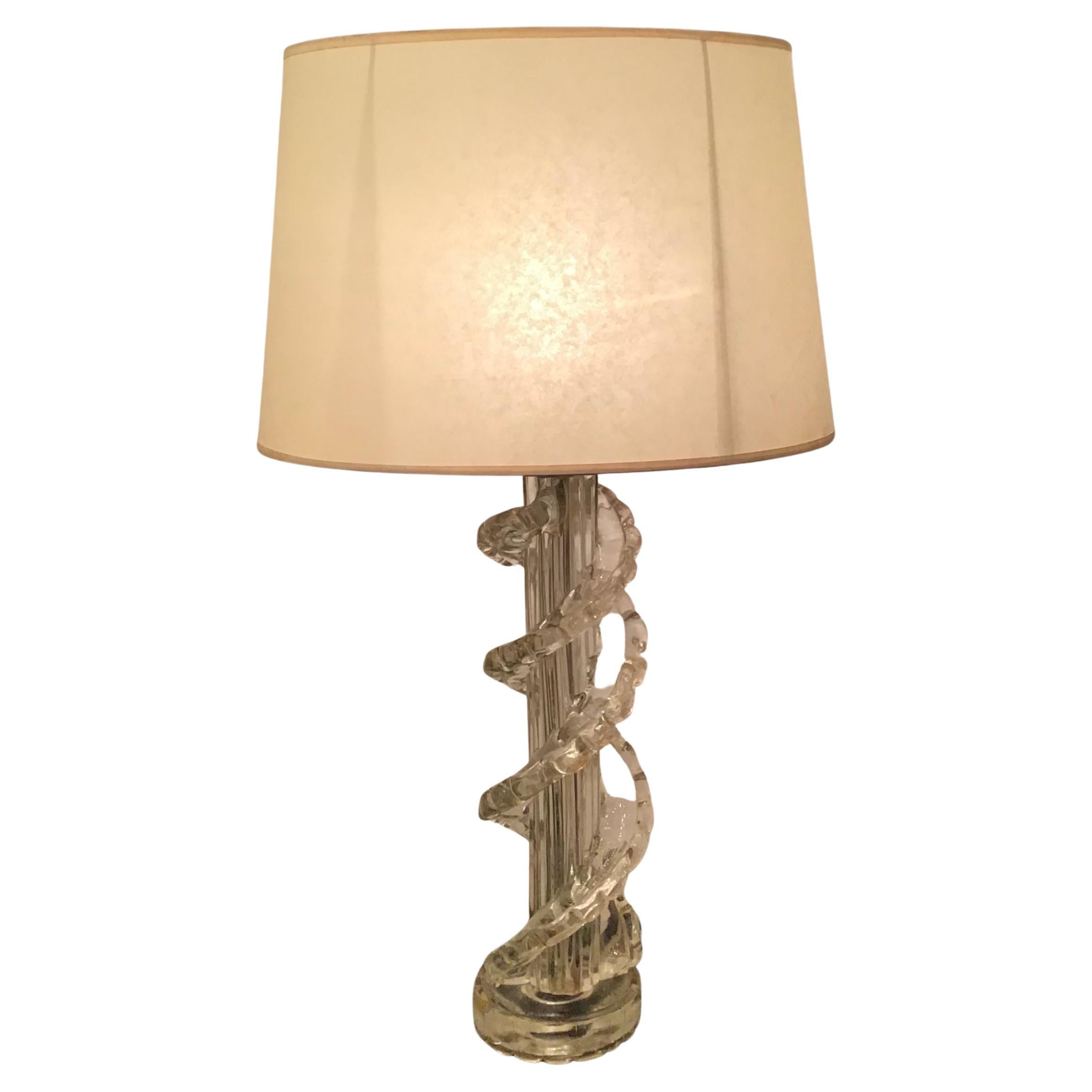 Ercole Barovier Table Lamp Murano Glass Brass Parchment Lampshade 1940 Italy For Sale