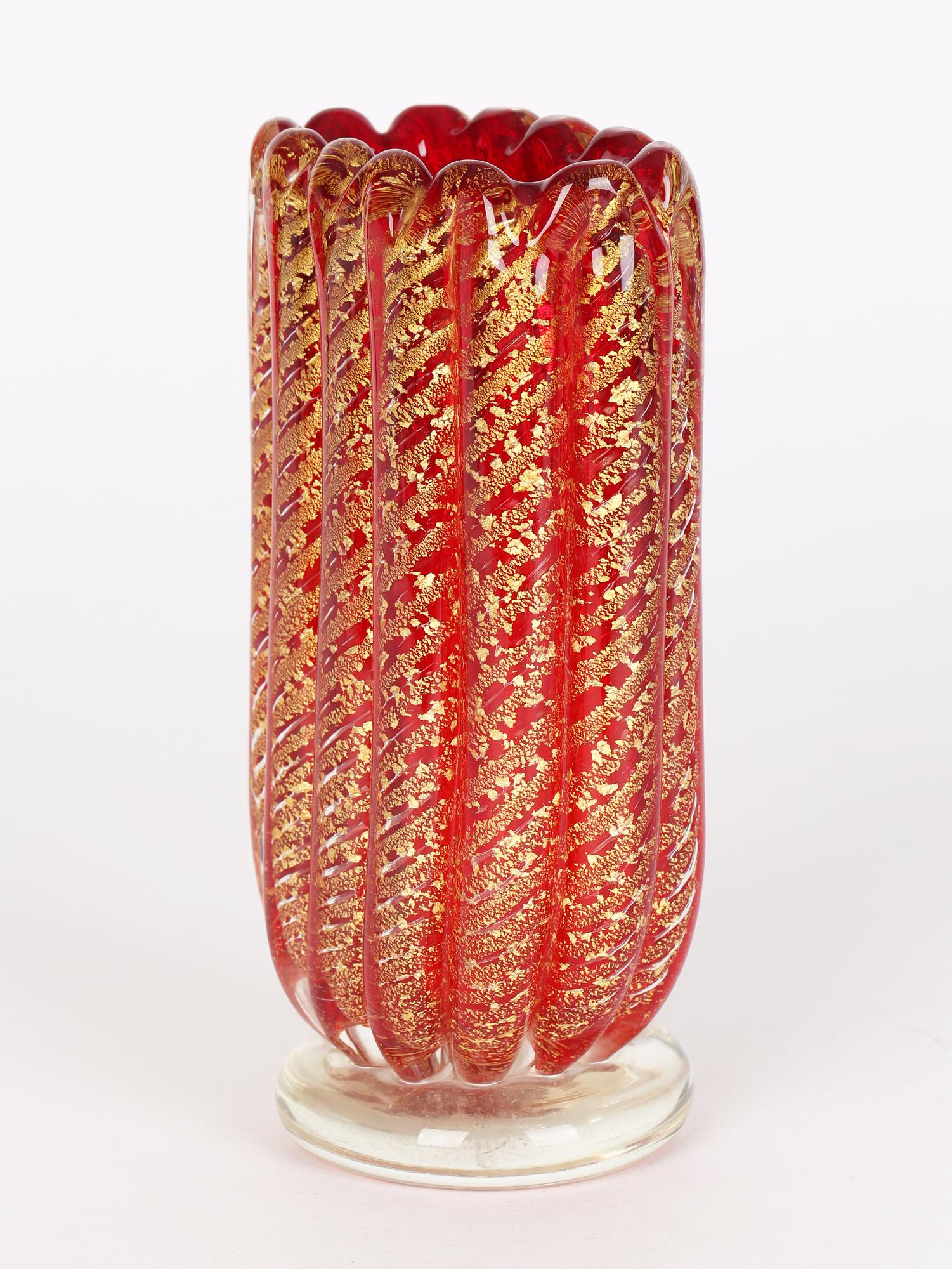 Hand-Crafted Ercole Barovier & Toso Mid-Century Murano Cordonato D’oro Art Glass Vase  