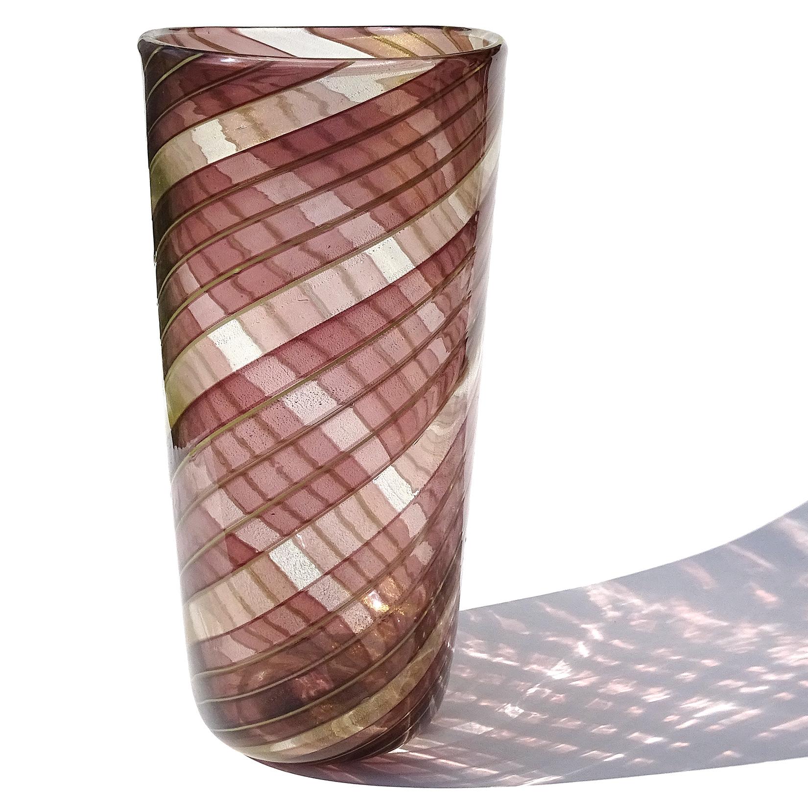 Beautiful and rare, vintage Murano hand blown amethyst purple and yellow stripes, with gold flecks Italian art glass flower vase. Documented to designer Ercole Barovier, for Barovier e Toso, circa 1954 in the 