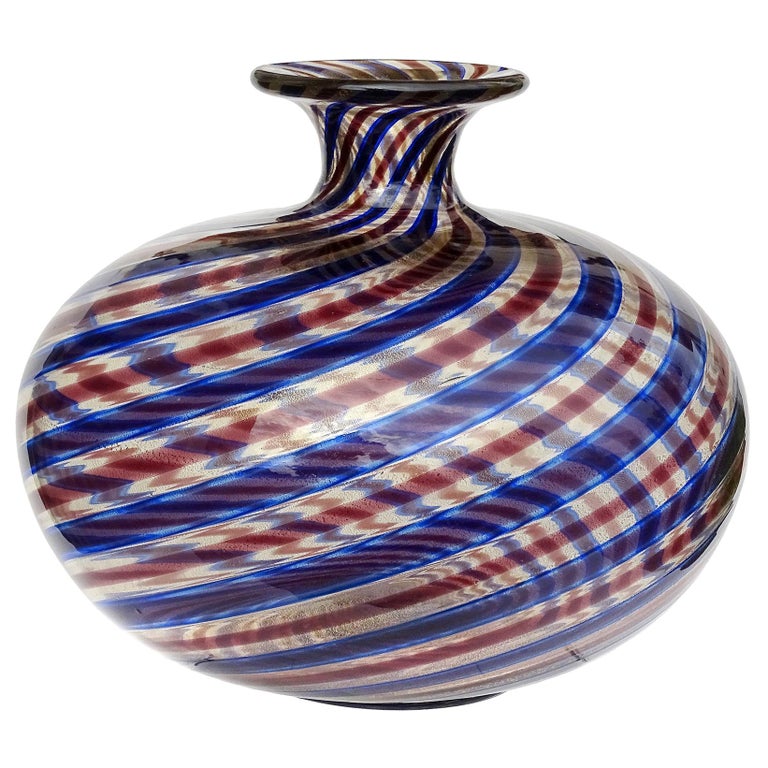 Ercole Barovier Toso Murano 1966 Blue Red Gold Flecks Italian Art Glass Vase For Sale